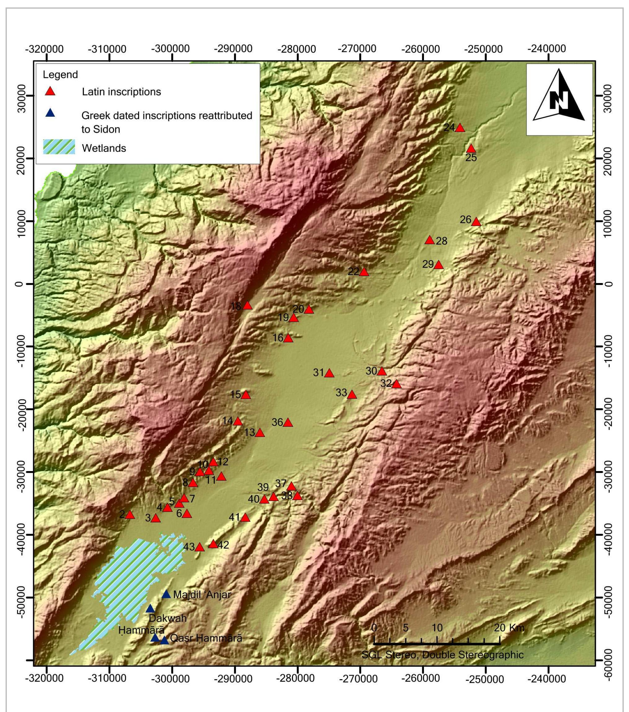 Fig. 19- Map showing the geographic configuration of Latin inscriptions in the Biga‘: 2, Jadita; 3, Sa‘dnayil,; 4, Hawch al-Umara- Zahlah, 5, Mu‘allaqah- Zahlah; 6, Dayr Labas; 7, Karak Nah; 8, Furzul; 9, Nrha; 10, Area of Niha; 11, Timnin al-Fawqa; 12, Timnin al-Tahta; 13, ‘Ayn Hashbay; 14, Shamstar; 15, Hadath; 16, Shlizfa; 18, Yammanah, 19, Batid‘T,; 20, Dayr al-Ahmar; 22, Nabha; 24, Hirmil; 25, Area of Hirmil; 26, Ras Ba‘lbak; 28, Jabbalah; 29, Labwah; 30, Nahleh; 31, T‘at; 32, ‘Ayn al-Lajaj; 33, Ba‘lbak; 36, Hazin; 37, al-Nabi Shit; 38, Yahfifah; 39, Qana; 40, Masah, 41, Dayr al-Ghazal, 42, Jabal Turbul- Kafr Zabad; 43, Tall Hamzah (drawing G. Abou Diwan). The location of the Latin inscriptions is based on IGLSyr 6 to the nearest kilometer. 