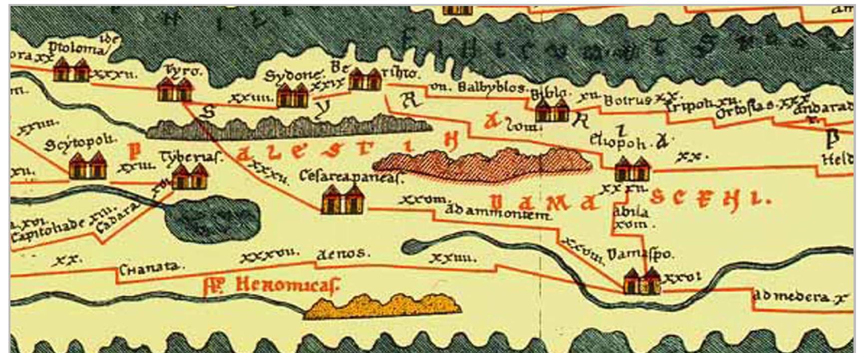 Fig. 23- Map showing the route connecting Berytus to Ba‘lbak-Heliopolis according to The Tabula Peutingeriana (after Miller 1916, LIX, cols. 803-6, fig. 257, map 9, route 118a, Beritho Eliopoli). 