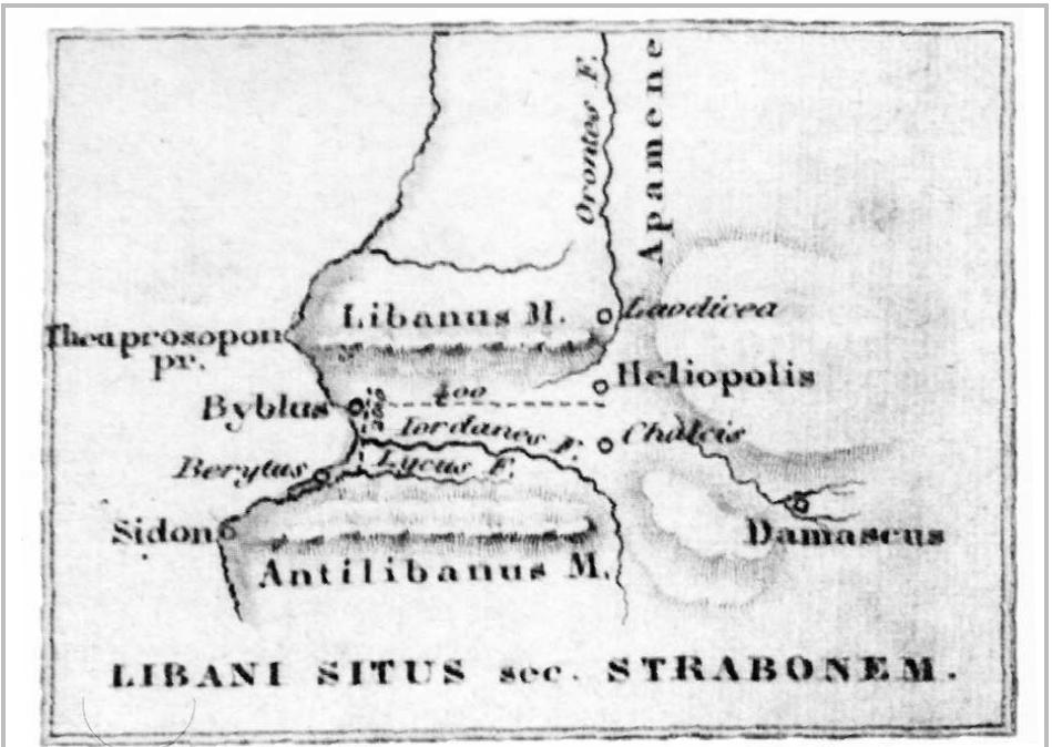 Fig. 25- Map showing the mountain chains of Lebanon and Anti- Lebanon according to Strabo (after Muller and Dubner 1853, pl. XII). 