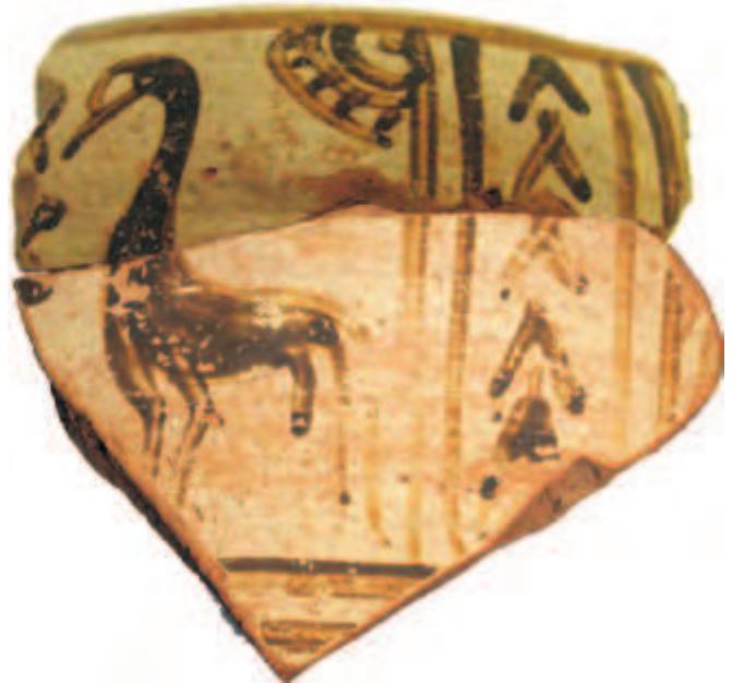 Figure 12.2 Fragment of Carian skyphos from Naukratis, late seventh century BC, made up of two joining sherds. Photomontage combining Greenock, McLean Museum & Art Gallery, 1987.464 and BM 1888,0601.653. (Photo: © McLean Museum and Art Gallery, Greenock/Inverclyde Council and © The Trustees of the British Museum.) 
