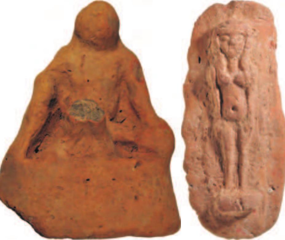 Figure 12.4 a Terracotta figurine of an ithyphallic Harpocrates, a modified version of a Rhodian temple boy type; siltware, probably produced in Naukratis; fifth century BC. Oxford, Ashmolean Museum AN1896-1908-E.4761. (Photo: © Ashmolean Museum, University of Oxford.);  b Terracotta figure plaque with a nude woman in relief,  c. 550-400 BC, from Naukratis. Greenock, McLean Museum & Art Gallery, 1987.375. (Photo: © McLean Museum and Art Gallery, Greenock.) 