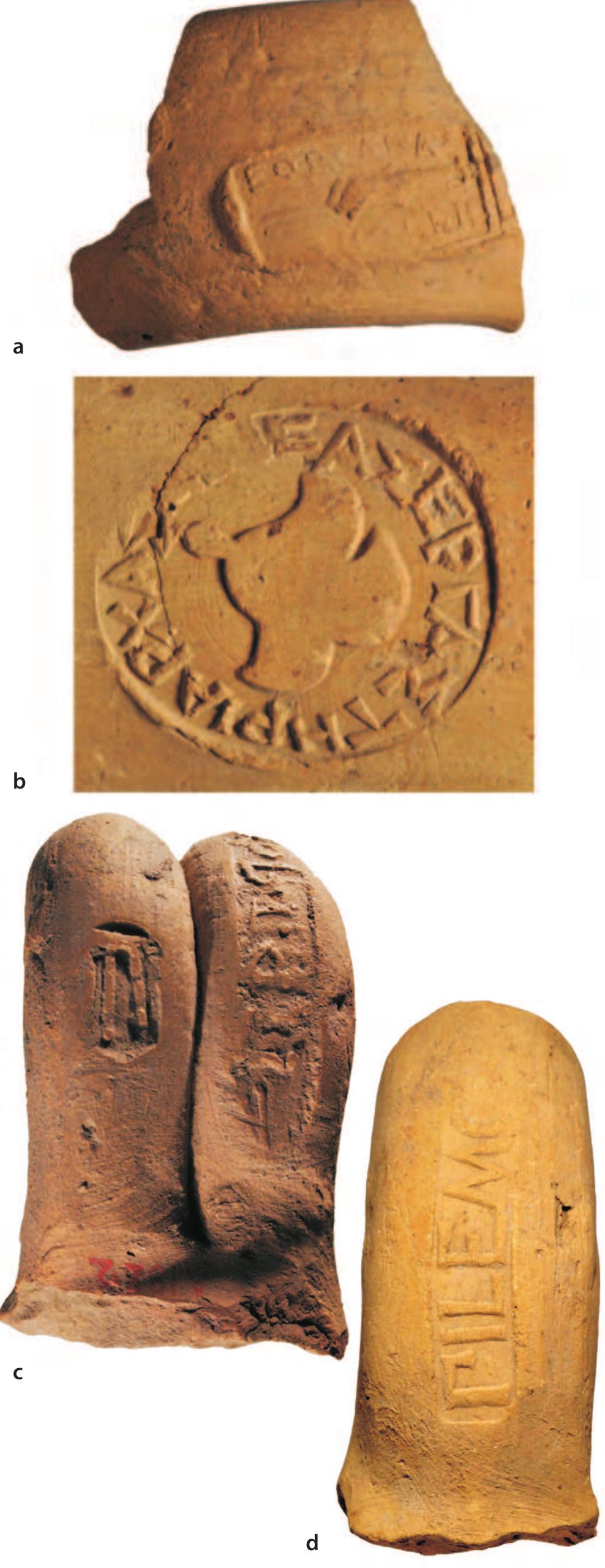 Figure 12.10 Stamped amphora handles from Naukratis:  a Thasian, c. 340-330 BC, BM 1925,0119.464; b Rhodian, c. 200-160 BC, BM 2011,5003.50; ¢ Koan, c. 200-50 BC, Brussels, Musées Royaux d’Art et d’Histoire, A.1822 (Photo: © Musées Royaux d’Art et d’Histoire, Bruxelles); d Italian (Brindisi), c. 130-50 BC, BM 1955,0920.89. (All British Museum pieces © Trustees of the British Museum.) 
