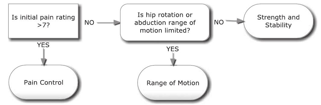 Fig. 2. Subgroup classification (Stage 1). If, over the course of 6—8 weeks, conservative treatment does not result in improvement, particularly if the patient is an elite athlete, other treatment options should be discussed (Anderson, Strickland, & Warren, 2001). If progress is noted, then conservative treatment should be continued following Stages 2 and 3 of our proposed intervention sequence.  Multiple interventions have been described for the treatment of AP; most of which are surgical and mention specific conservative treatments only in passing. With rare exception, studies investi- gating conservative treatment of AP are of limited quality, lacking evidence from high quality randomized, controlled trials. This lack of conservative intervention evidence was the driving force behind the development of our new paradigm. We understand that this is only the initial step of a process that should include controlled trials to examine the effect of treatment on subgroups and replication of those findings in further studies (Kamper, Maher, Hancock, Koes, Croft, & Hay, 2010). We believe that individuals suffering from symptoms consistent with our operational definition of AP can initially be classified into subgroups based on clinical features. For patients who fit our definition of AP, Fig. 2 is designed to assist in the allocation of patients to a specific treatment category and to allow treatment providers to address the impairments of a more homogenous subgroup of patients. 