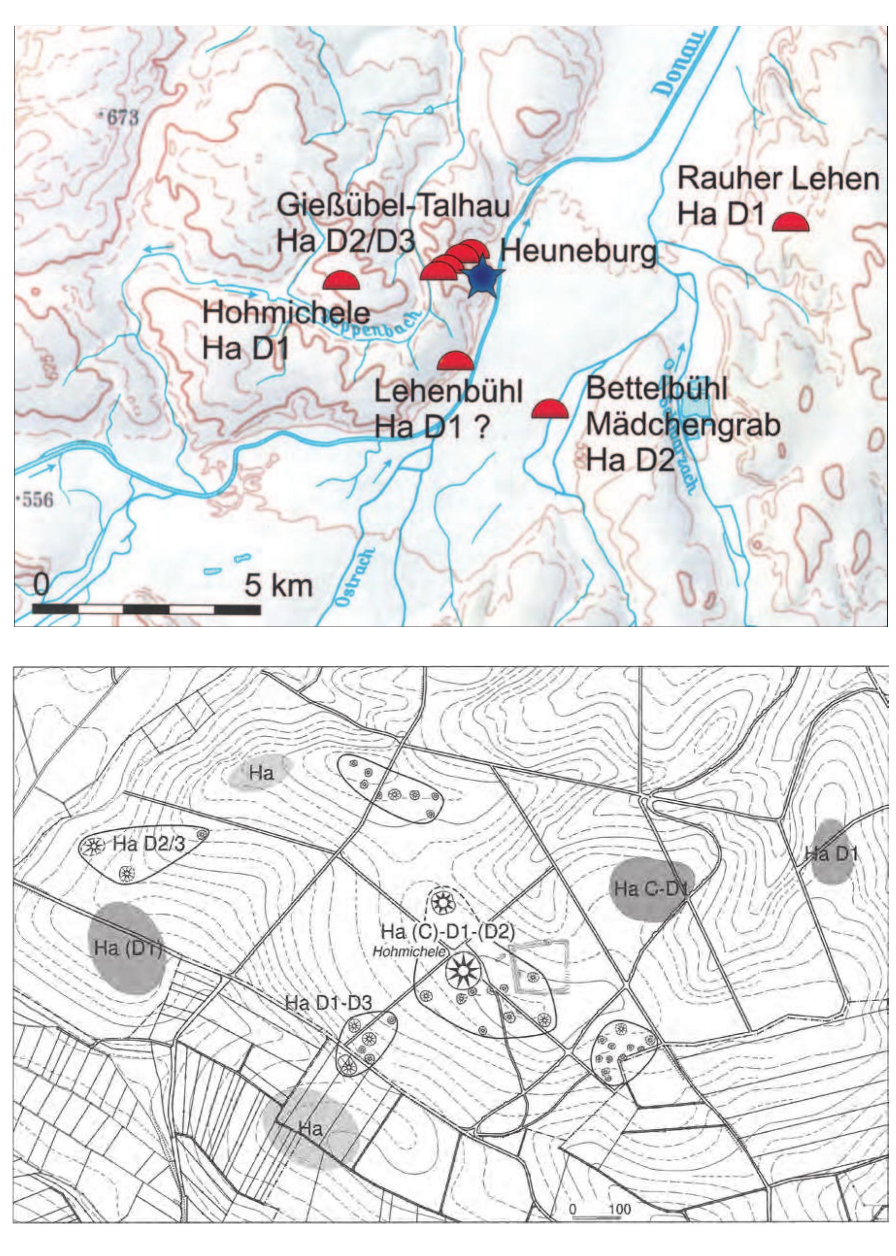 Figure 6.3. Top: Burial mounds of Ha D1 to Ha D3 in the region of the Heuneburg (selection). (Landesamt fiir Denkmalpflege im RP Stuttgart/Krausse 2008, 438 fig. 3). Below: The Hohmichele and other burial mounds and trace: of settlements nearby (Landesamt fiir Denkmalpflege im RP Stuttgart/Kurz 2007, 167 fig. 94) 