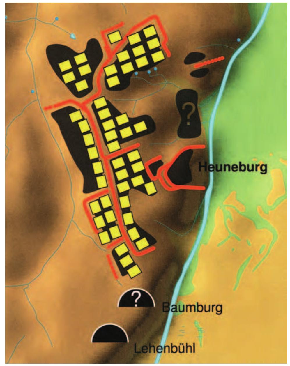 Figure 6.4. [he Aufsensiedlung near the Heuneburg. This was a well-structured outer settlement with ditch- bank-systems (in orange). Approximately 50 homesteads (in yellow) are estimated (Landesamt fiir Denkmalpflege im RP Stuttgart/Kurz 2010, 252 fig. 12). 