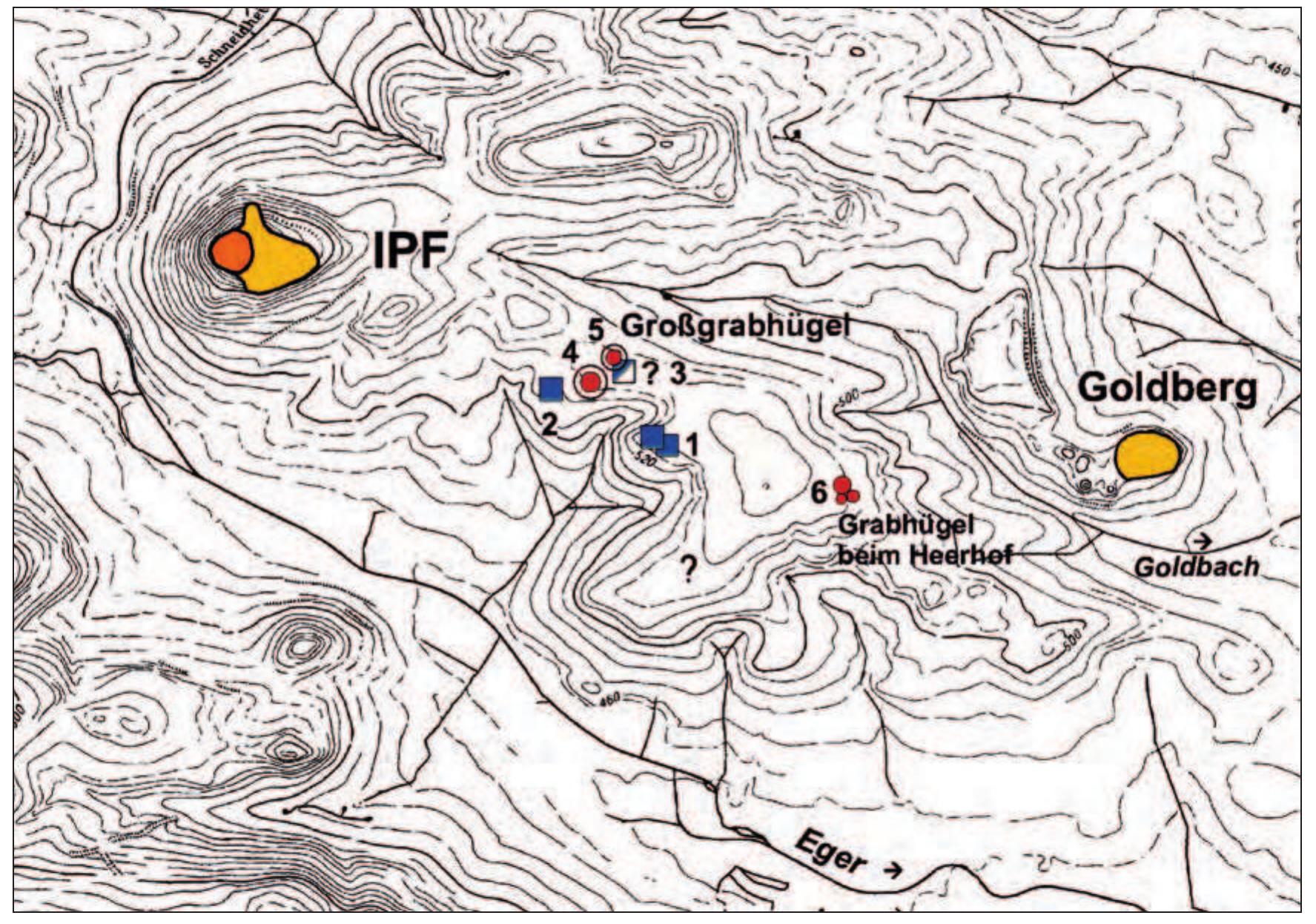 Figure 6.13. The two hillforts Ipf and Goldberg (yellow). Between them burial mounds (red) and the so-called Herrenh6fe (blue) (Landesamt fiir Denkmalpflege im RP Stuttgart: Krause 2015, 70 fig. 39). 