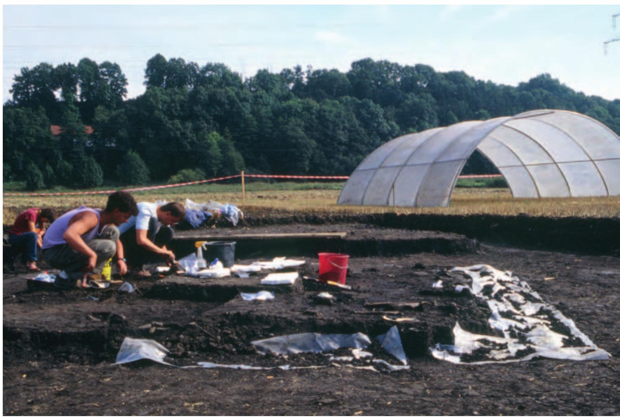 1980s, on the hilltop (Fig. 6.14). Only one of them, a rectangular enclosure with three ditches (Erdwerk I), was excavated (Miiller-Depreux 2005). The interior covering 60 x 60 m was mainly occupied in Ha D, while an outer settlement shows traces of early La Tene (Koch 1991). Erdwerk I and II] are not currently dated. Cemeteries were discovered by aerial photos, 30 m lower down in the wetlands of the Isar, and twenty surviving grave mounds were excavated (Koch 2001, 66-72). Most of these were dated to Ha D1, including some of the most outstanding female burials of South Bavaria. One notable example was grave 1, a female burial that contained a necklace with over 470 amber beads, accompanied by a child with over 200 small glass rings. It is highly probable that these cemeteries belong to the Erdwerke. However, it is remarkable that no graves have been discovered from the early La Tene period contemporary with the later phase of the settlement. Can the absence of burial evidence be explained by the level of research or by a different funerary practice? These remain the key questions for later periods as well.  eee nee ee eee NE NEE OE NE FE  Niedererlbach is situated near Landshut bordering the wetlands of the Isar river. Three Rechteckhéfe (here they are called: Erdwerk) were discovered in the  Figure 6.14. Niedererlbach. In the foreground, the excavation 1990 of a large, unfortunately robbed, wooden chamber of a Hallstatt-burial. In the background, the wooded hill with the Erdwerk I-III (photo: I. Balzer). 