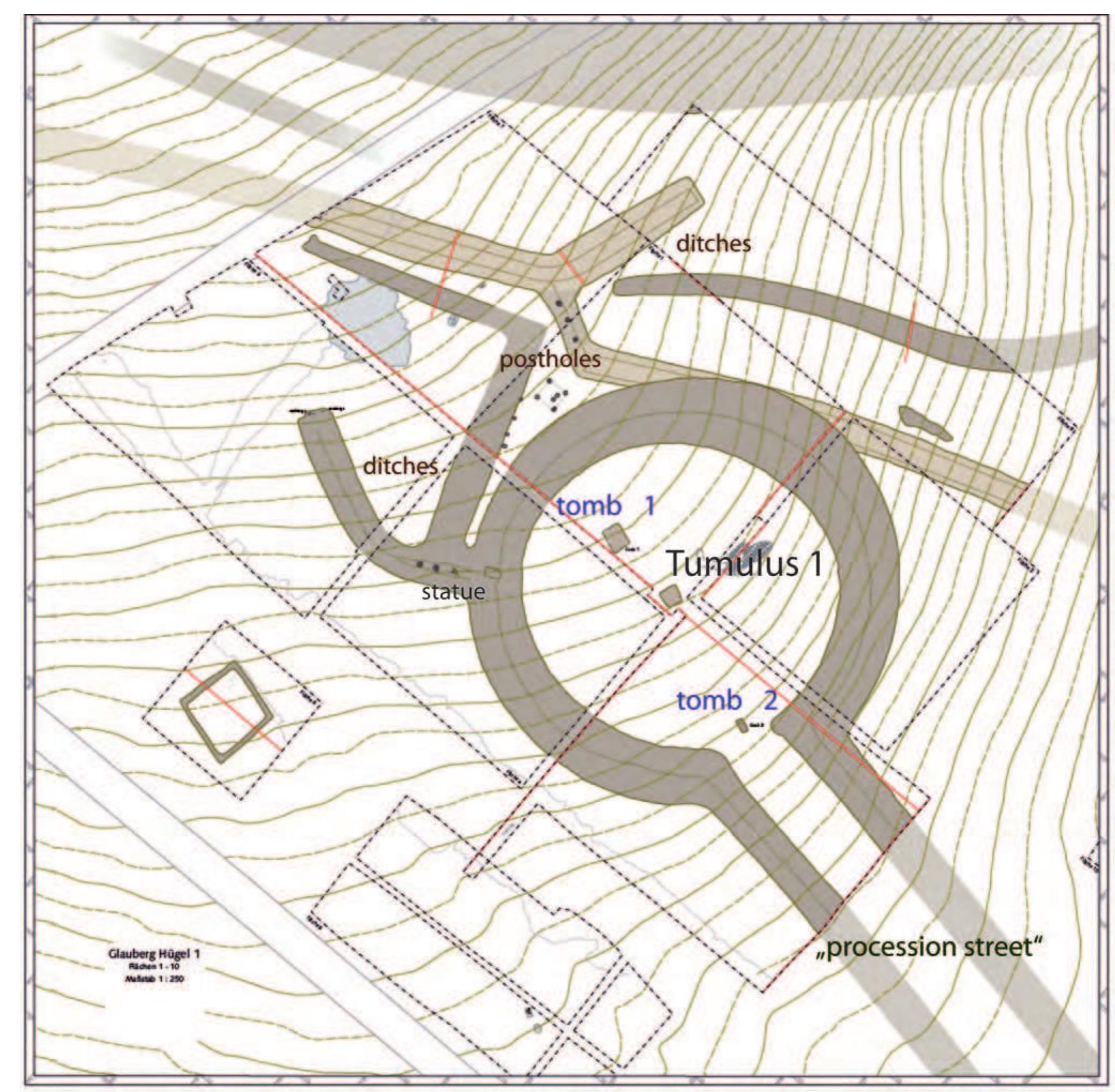 inhumation grave of Sinsheim-Diihren (Rhein-Neckar- Kreis, Baden-Wtirttemberg), discovered in 1865. Because of the circumstances of the excavation not all attributes of the supposed woman are known, but they are very elaborate: two mirrors and bronze vessels (imported from Italy?), seven brooches, two of them made in silver, golden finger-rings, beads made of glass and amber, arm-rings made of glass, a Celtic silver coin and gaming pieces made of glass  As well as the open, unfortified, smaller settle- ments like Korntal-Miinchingen (LT B-C1) or bigger villages as for instance in Breisach-Hochstetten (LT  Figure 6.16. Glauburg-Glauberg: Tumulus 1 and environs (Keltenwelt am Glauberg/Baitinger & Herrmann 2014 aonith additions of ] Balzer). 