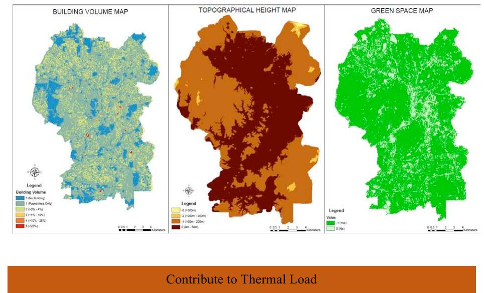 Building volume map, topographical height map and green