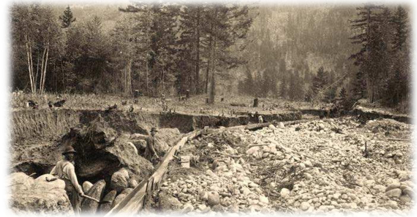 Figure 3. Linear tailings piles (at right) generated by Chinese immigrant miners using ground sluicing techniques near North Bend, Washington around 1890 (City of Vancouver Archives Item: CVA 1376-375.24). 