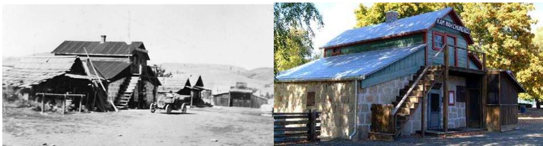 Business partners Long On and Ing “Doc” Hay purchased the existing Kam Wah Chung mercantile building in the John Day Chinatown in the mid-1880s. Their business prospered due to Long On’s business savvy and Doc Hay’s skill and reputation as an herbalist and physician. As the gold deposits were played out in the 1890s most Chinese immigrants left for the larger Chinatowns where there we more economic opportunities and strength in numbers to resist rampant racism and Exclusion-era discrimination. Long On and Doc Hay chose to stay in John Day and were successful in adapting their business to serve the non-Chinese residents of the area. They lived out their lives here and are buriec the cemetery overlooking the town. Their business, the Kam Wah Chung, is a treasure trove of artifac and documents relating to the Chinese diaspora in Oregon. It is a National Historic Landmark and managed by the State of Oregon as a State Heritage Site. Mining is the reason the John Day Chinatow and the Kam Wah Chung were created but most of the mining sites around the towns of John Day an Canyon City have been destroyed by the expansion of the towns and their associated industries.  Figure 4. The Kam Wah Chung building in the early 20" century and today. 