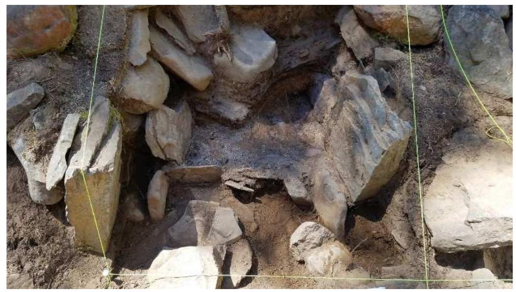 Figure 11. Burnt earth and charcoal were found in back half of test unit, and the front was a different soil type. 