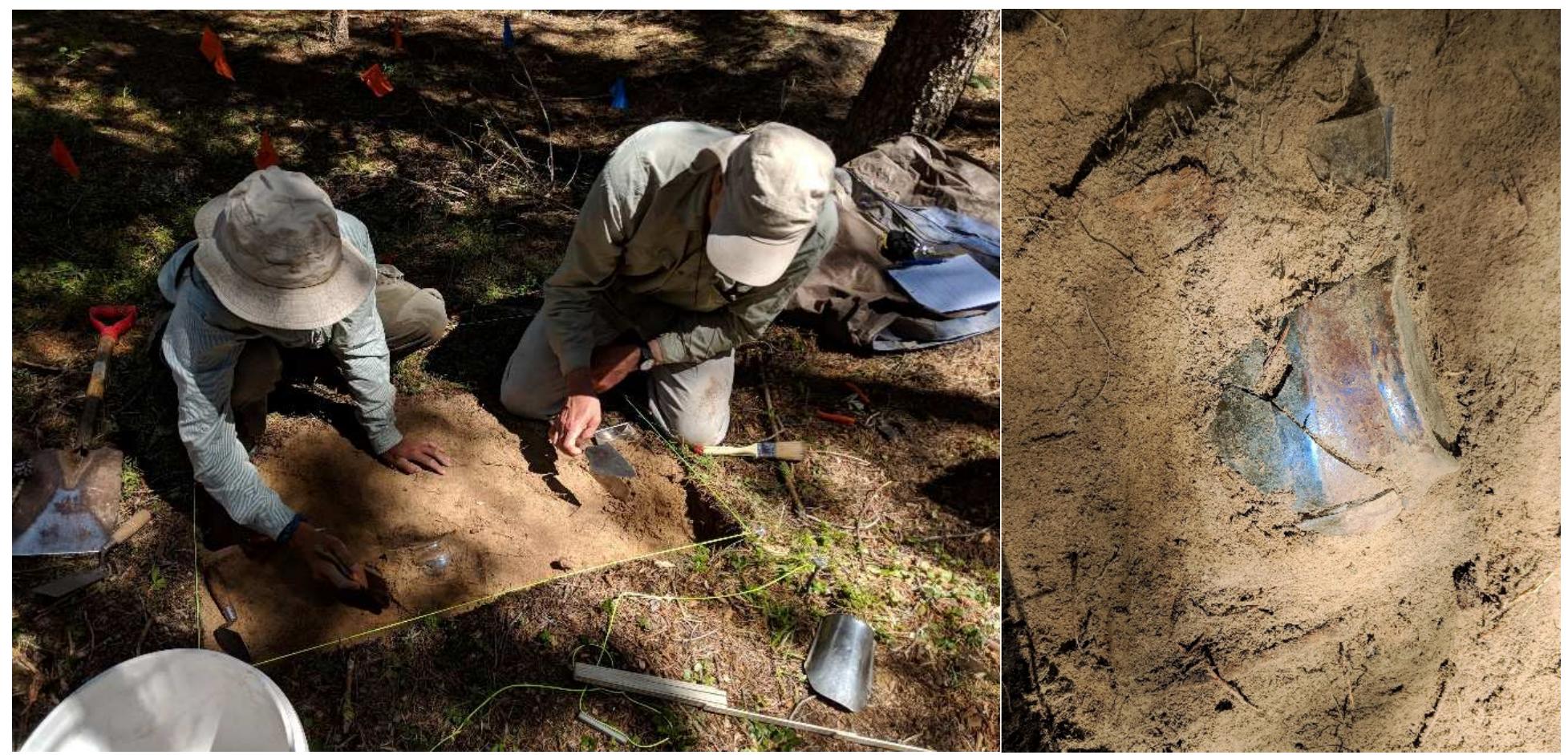 Figure 16. Test unit at Ah Heng 1 and a close up of fragments from a CBGS liquor bottle (right image). 