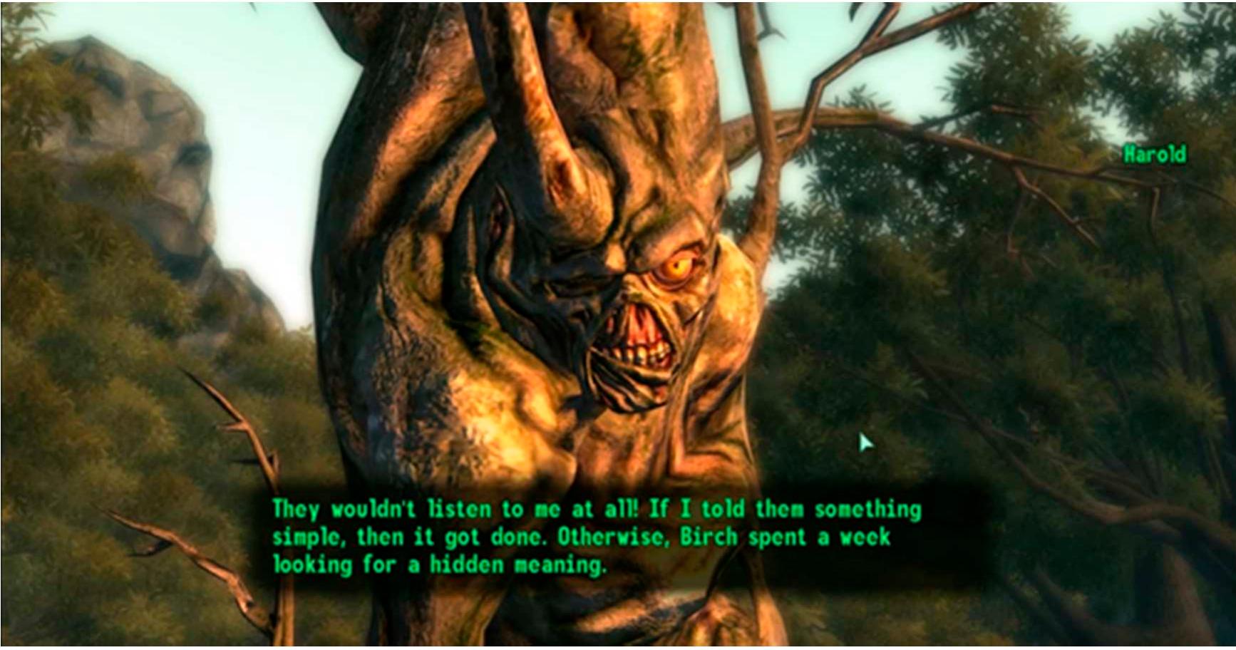 Figure 3. Harold, The One Who Grows, Gives and Guides, talking to the player.  As opposed to Atom, the Treeminders deify nature, embodied in the shape of ‘The Great One,’ a talking tree. The Great One—or as he’s also called The Lord, Him, The One Who Grows, Gives, and Guides, and The Talking Tree, or simply Harold — is the product of a retrovirus exposure that was supposed to create resistance to radiation but instead created mutated humans. The retrovirus’ effect on Harold is that a tree started growing out of him until he became one with it (Figure 3). 
