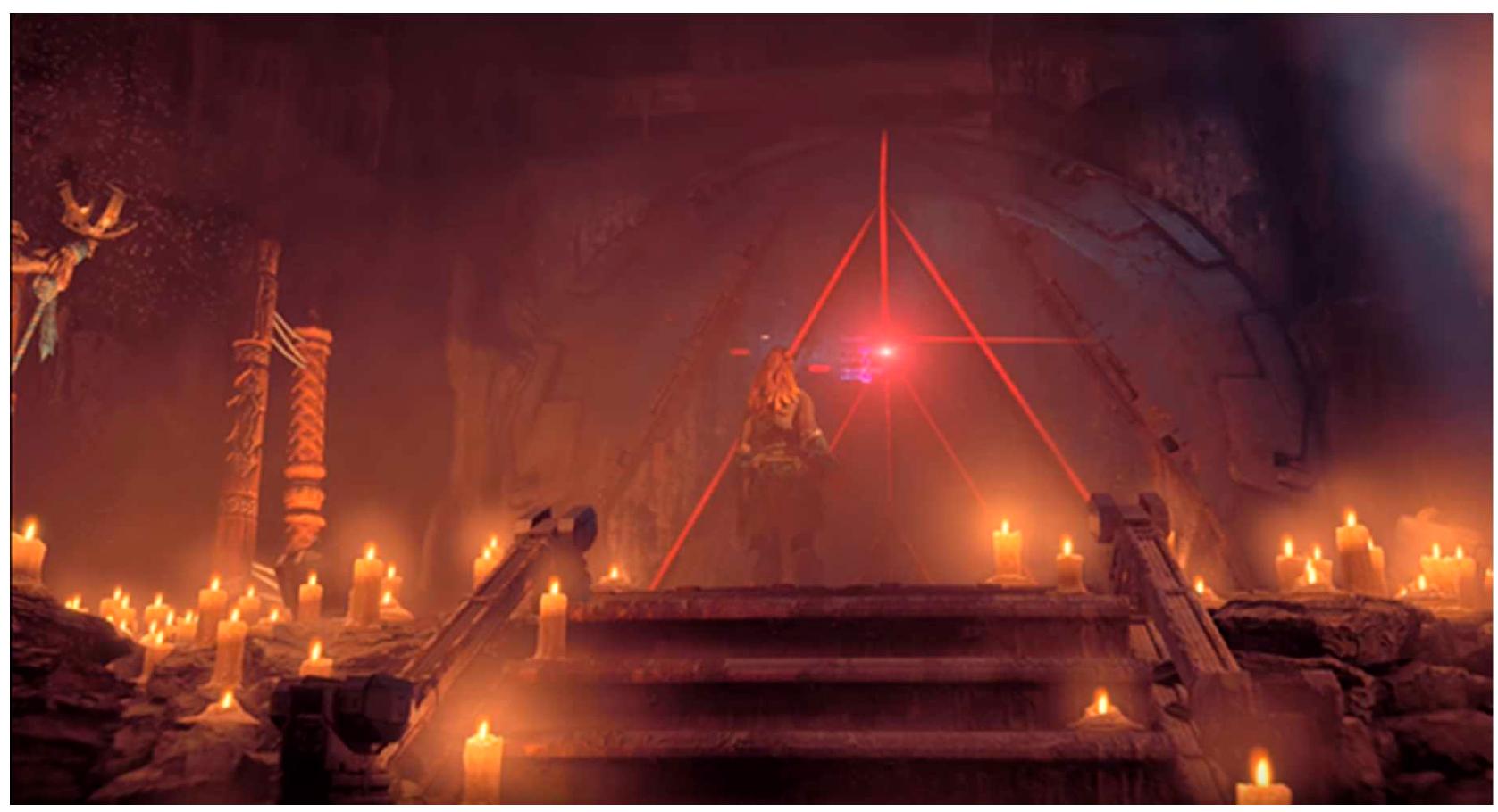 Figure 9. Aloy in front of an activated “All-Mother”—a glorified, but artificially intelligent door lock. 