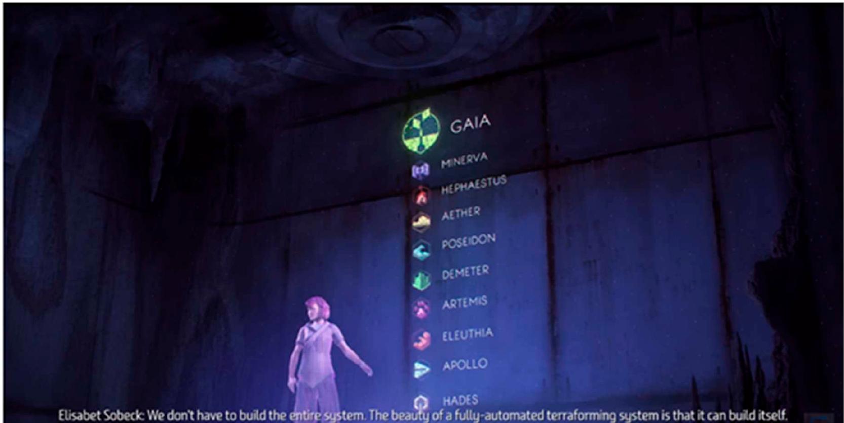 The religious metaphor already comes to the fore in the names given to GAIA’s subsystem ll based on the names of ancient Greek gods and goddesses (Figure 10; Table 1): APOLLO, DEMETE! 2>OSEIDON, and so on. Additionally, it is evident in their functions. For instance, in the mission “Th teart of the Nora’ the player and Aloy discover that after the apocalypse, humanity was recreated b yne of GAIA’s subsystems and machines in cradle facilities called ELEUTHIA, after the Greek goddes »f childbirth and midwifery. In these facilities the genetic codes of the Old Ones are preserved an ised to breed new human beings. The machines are programmed in such a way that they can nurtu hese new humans into fully-grown adults that are able to procreate themselves and the facilities a1 >quipped with anything needed to sustain these new human beings ranging from food, toys, and eve in internal educational system called APOLLO that was supposed to teach humans everything abot he extinct civilization (Figures 11 and 12).  Figure 10. GAIA and her subsystems named after Greek gods and goddesses, and one Roman goddess. 
