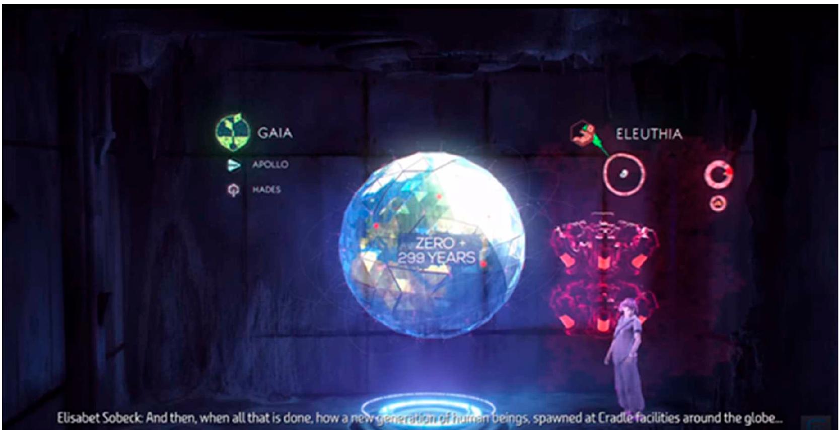 Figure 11. A hologram explains to Aloy and the player how cradle facilities (ELEUTHIA) work 