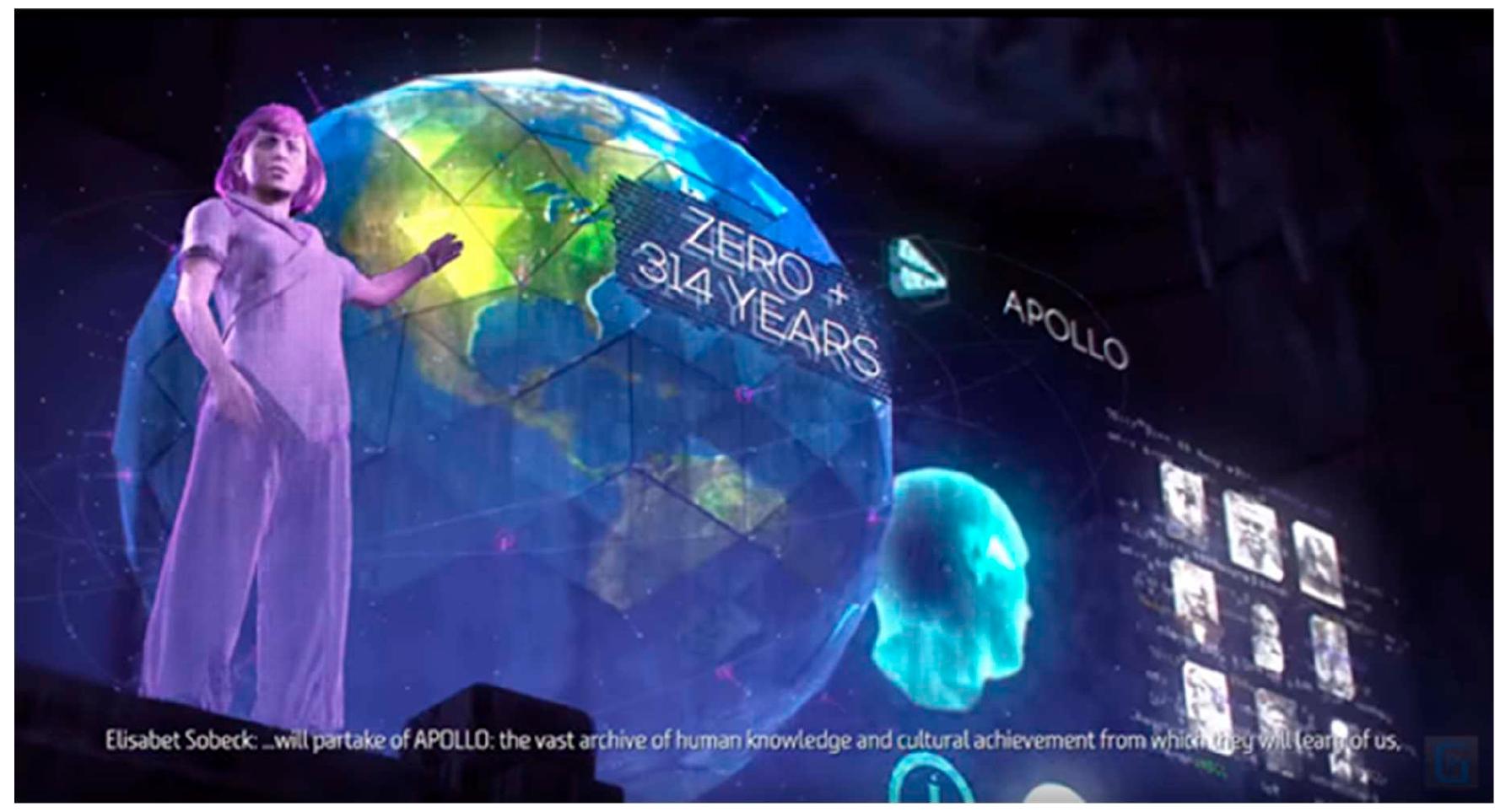 Figure 12. A hologram explains the educational APOLLO archive.  of Aloy’s body and the technological projections of the ‘focus’. A Focus is a small augmented reality device that Aloy finds at the beginning of the game, which can provide wearers with a multi-purpose 3D neural interface and communication possibilities (Figure 13). These small devices were developed by the Old Ones to simplify interactions between humans, and with machines, technology. They react to the voice and gestures of the person using the device—much like a fictionalized Google Glass. In one of the first playable parts of the game, Aloy finds a Focus in the ruins of what once used to be a workplace or bunker of the Old Ones. This little device is then used by Aloy and the player to discover relevant and interesting objects in the game environment, to scan documents and holograms left by the Old Ones, and to distinguish between friends and foes. However, as these ruins are considered to be cursed by the Nora, the little device is also seen as something dangerous. On the other hand, among the Eclipse, the Focuses have a divine connotation as these are given to them by HADES and the devices allow them to communicate with each other, as well as directly with HADES.  