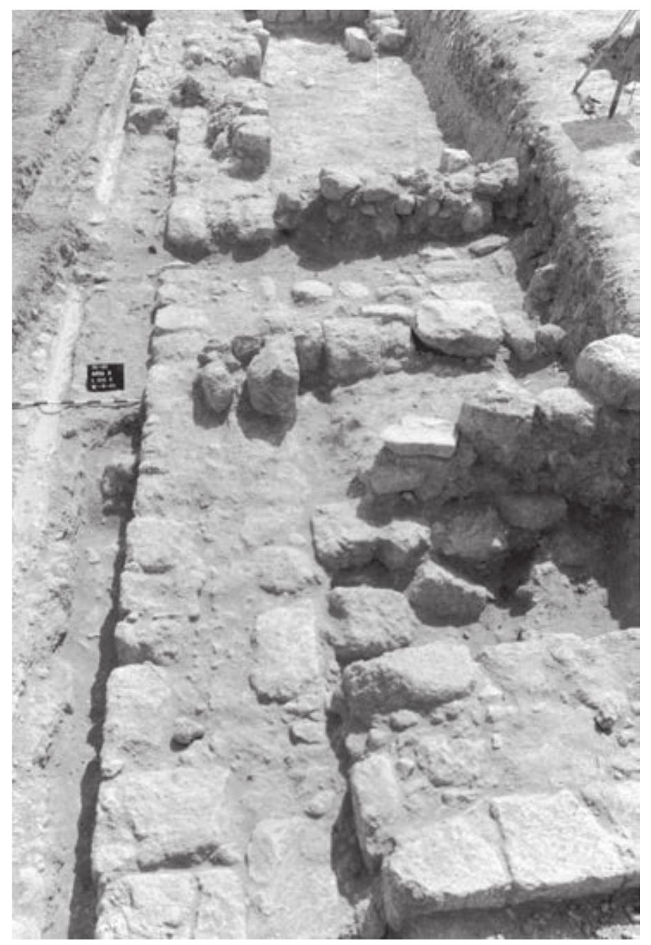 Fig. 3.7. Wall 350. To its left, a plastered water channel; looking south. 