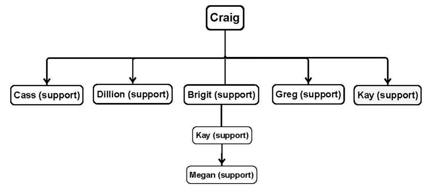 4.3.4 Polarization of viewpoints  4.3.4.1 “Support” exchanges. Regarding the level of support and/or confrontation between the interactants, the exchanges in this study showed clear signs of polarization of opinions. In one extreme where there was unanimous agreement between the interactants, most or all of the moves done were Respond-Support ones such as Develop and Agree moves, which show positive reaction to previous moves without sustain- ing the discussion. Four of the exchanges in this study were labeled “Support” exchanges for possessing such move pattern. Three of such exchanges grew horizontally, as illustrated in the structure of exchange E20 (see Figure 3). This exchange started with Craig’s article-comment, which received five replies containing supporting moves. One of such replies made by Brigit was further supported by Kay and then Megan, making a vertical branch exchange. 
