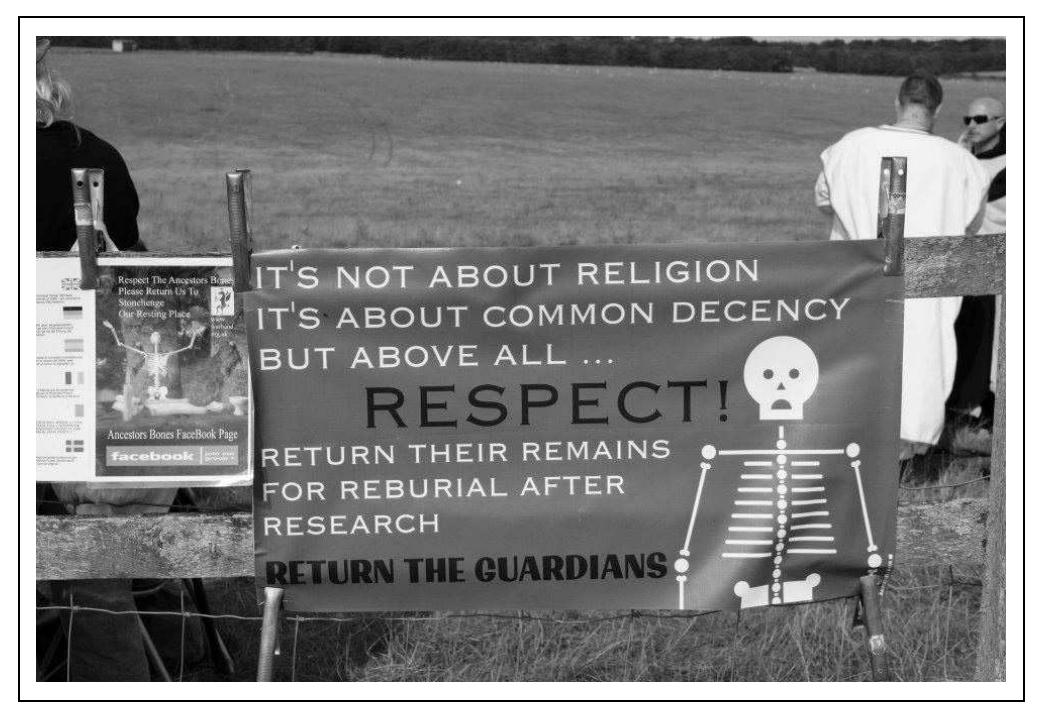 The campaign is cast emotively, as for reburial of ‘the Stonehenge Guardians’, since archaeologists on the Stonehenge Riverside Project interpreted the cremated remains from the Aubrey holes as ‘a leading family’ (Parker Pearson et al. 2009: 23), ‘an extended family’, ‘a sub- section of a large lineage’ or ‘a single dynasty over seven centuries’, and Stonehenge as ‘the burial ground of a ruling elite family’ (Parker Pearson et al. 2009: 36). These quotes from archaeologists are significant because of the impact they had subsequently on Pagan understandings of the archaeology and their construction of a new folklore. The archaeological interpretations implied for some Pagans that the people represented by the cremated human remains were the ‘founding fathers of Stonehenge’, buried at the site as the ‘guardians’ of it, and to whom these Pagans feel aligned and so obligated with a duty of care.  Reflecting on the fracas at Stonehenge, Mike Parker Pearson questions  ’  Fl Re ae Bee me AM I pees are LN Ae ae eC SES EY Ce MME Tek (PS ART | Re See ae eRns. Lege Meet ae 