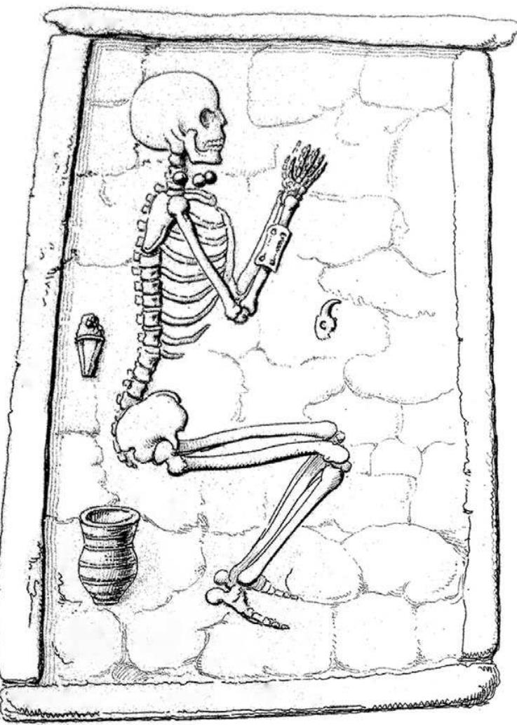 Figure 2. Lord Londesborough’ plan of Sepulchral remains from tumuli near Driffield, Yorkshire. Note the close  association between the forearm, wrist-guard and hawk’  head (Londesborough 1851-1852: 258). 
