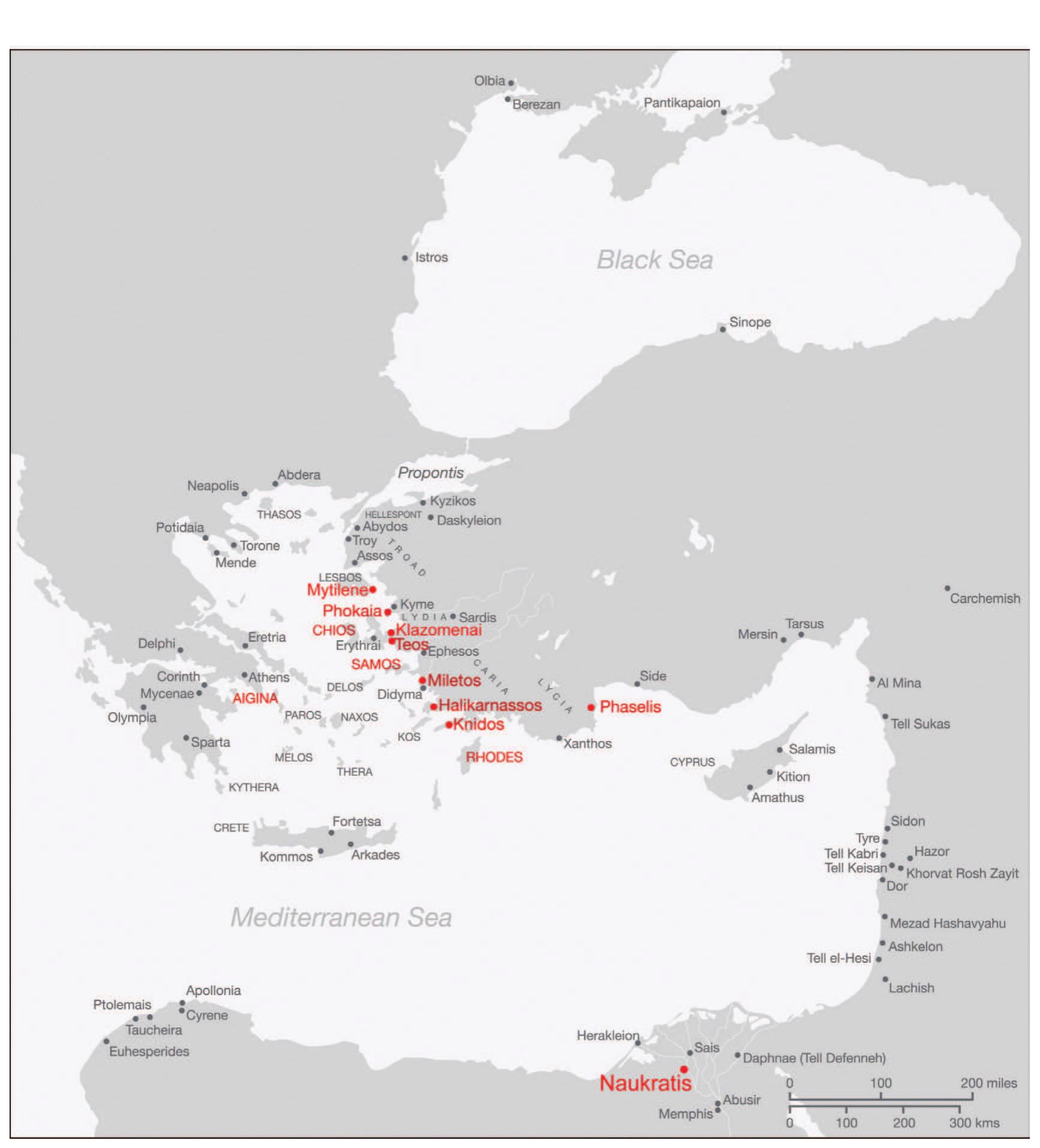Fig. 1. Map of the Eastern Mediterranean, with the Greek founding sites of Naukratis marked (Drawing: Kate Morton, 