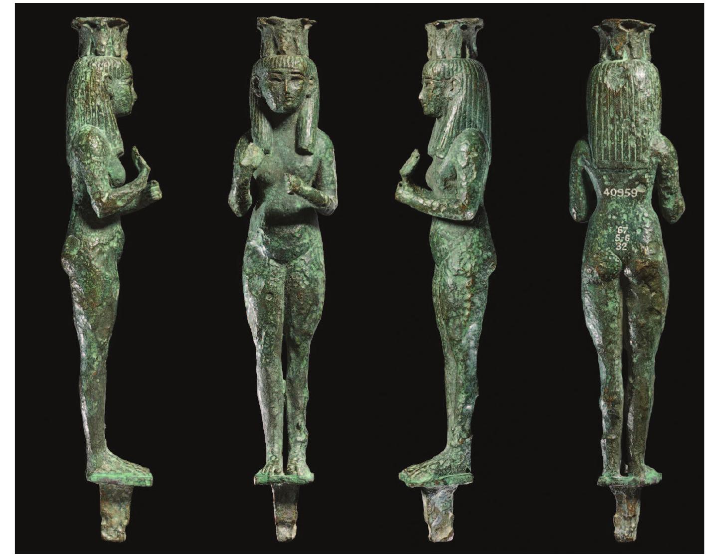 Fig. 8. Egytpian bronze statuette of a nude female figure, 8'"-7"" century BC, from Kameiros, Rhodes. British Museum EA40959 (1867,0506.32; Bronze 132). (Photo: © The Trustees of the British Museum). 