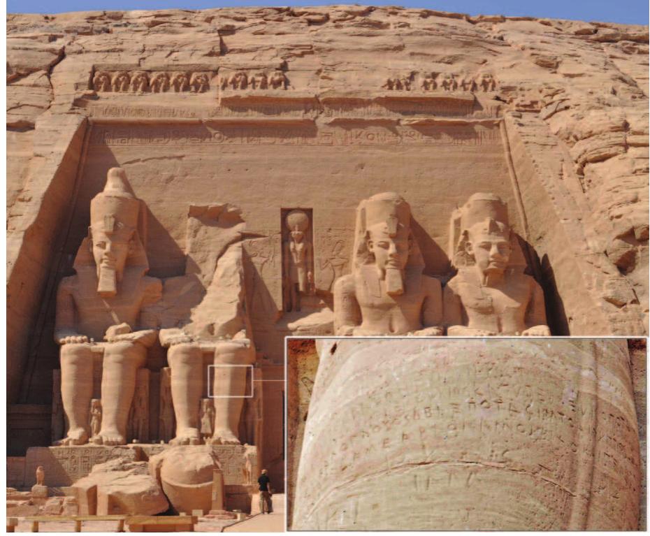 Fig. 12. Graffiti left in 593 BC by Greek mercenaries in the army of Psamtik II on the legs of statues of Ramesses II at Abu Simbel (Photo: R. Thomas). 