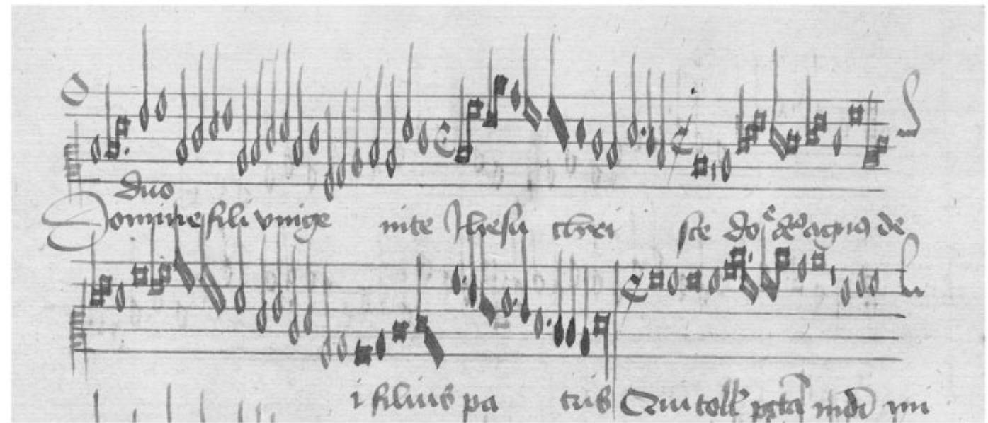 PL. 3. Use of © in Barbingant’s Missa sine nomine, Trent 89, fo. 308°. Used with the consent of the Archivio fotografico, Castello del Buonconsiglio, Monumenti e collezioni provinciali. Further reproduction prohibited  <<  Johannes Tinctoris objected repeatedly to the use of mensuration signs to indicate sroportions, singling out Barbingant’s Domine fili unigenite for special criticism.°? Tha linctoris knew a reading of the Domine identical to the version transmitted in SP B8( ather than a reading using coloration alone, like that in Trent 89, is suggested by the yassage in his Proportionale musices where he criticizes Barbingant for using 2 t ndicate a 3:2 proportion ‘in his Et in terra of the first authentic mixed mode’.°* Hac [inctoris known the Trent 89 reading of Barbingant’s Missa sine nomine, it is doubtfu vhether he would have censured Barbingant since the theorist considers coloratior uitable for notating a 3:2 proportion in imperfect time with minor prolation.”  A ® also occurs in a Sanctus of the anonymous Missa Hec dies in the Lucca Choirbook  