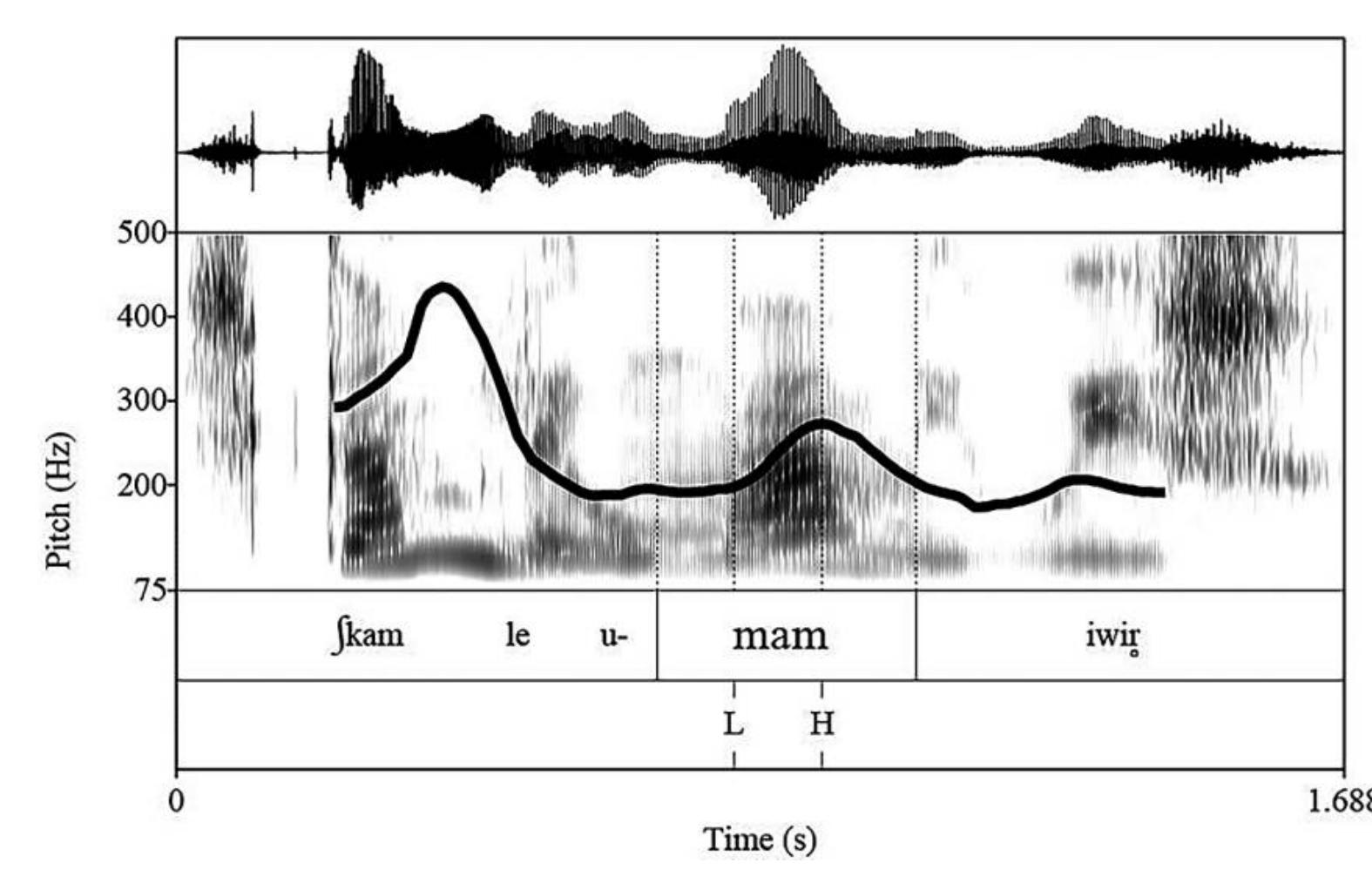 Fic. 1—Example of acoustic segmentations performed. The phrase is xkam le umam iwir ‘her/ his grandfather died yesterday’ and the tonic syllable of the target word is mam. 