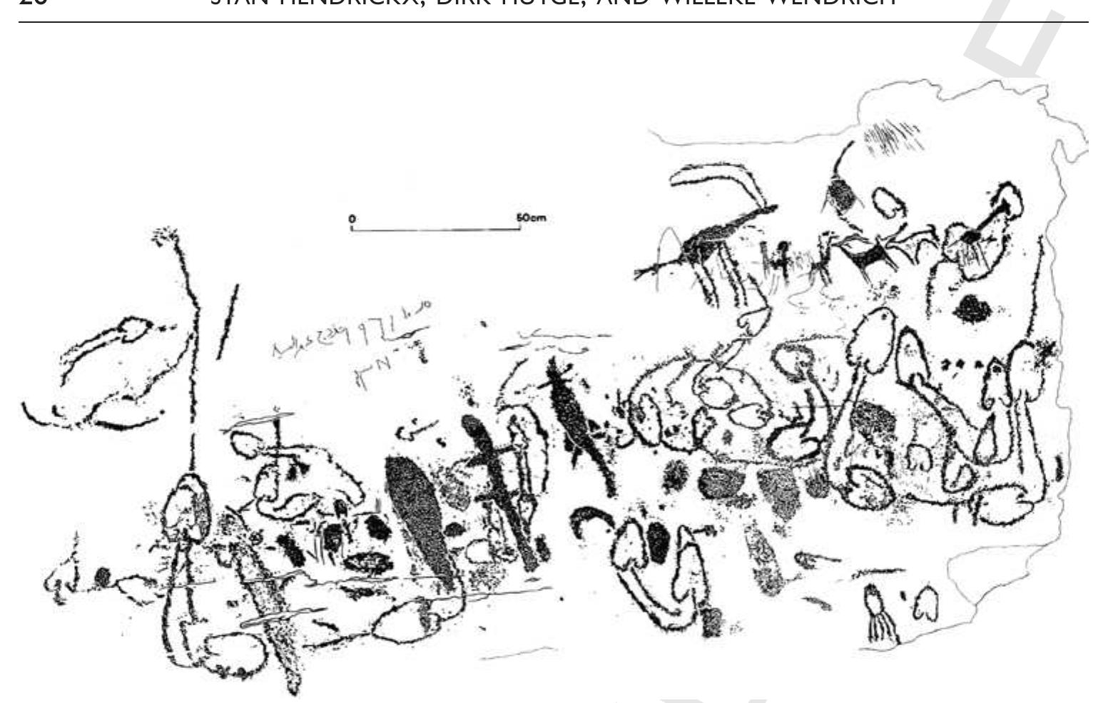 Figure 2.2 Epipalaeolithic rock art: typical labyrinthine fish fences and associated scenery from el-Hosh. The animal figures located in the upper right corner are more recent in age than the rest of the panel (after Huyge et al. 2001). 