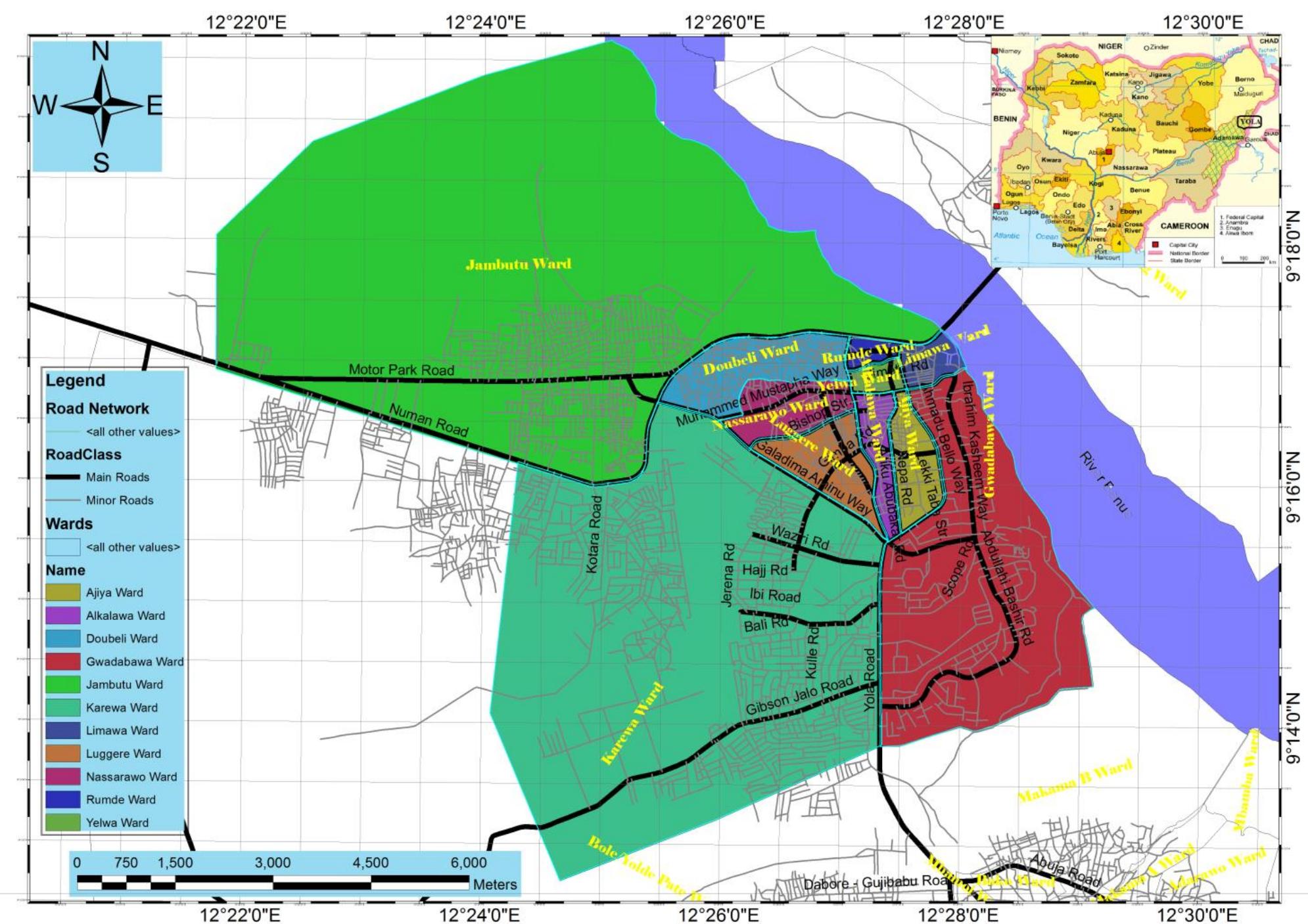 Source: Generated using ArcGIS 10.1  Figure 1: Map of Yola Showing 11 Wards. 