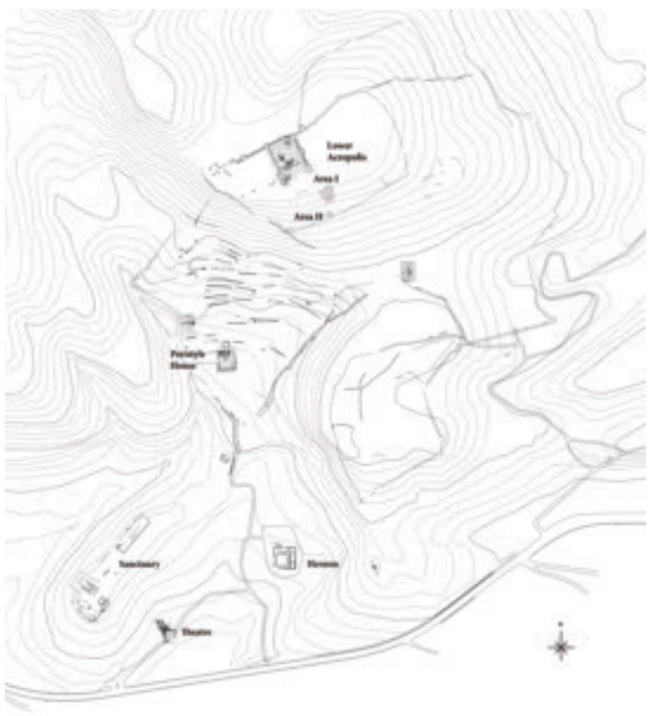 Fig. 2. Topographic site plan of ancient Kalydon showing major monuments and the excavation trenches on the Low-  er Acronolic.  Fig. 2. Topographic site plan of ancient Kalydon showing  Fig. 1. Aerial view of the acropolis of Kalydon from the southwest with the Lower Town in the foreground (C. Giatrakos). 
