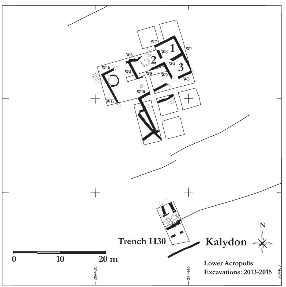 Fig. 3. Topographic plan of the excavations in Areas I-II on the Lower Acropolis. 