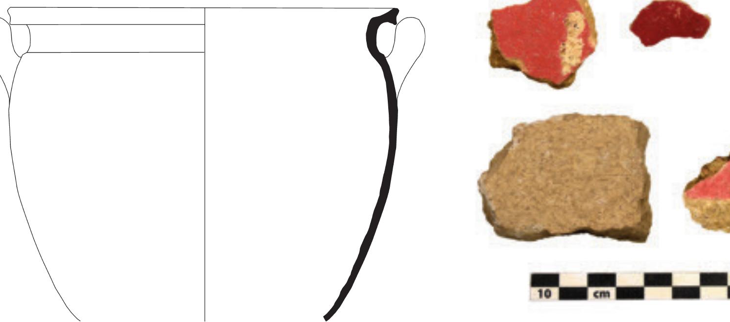 Fig. 10. Examples of the fragments of stucco from the floor level in Room 1.  Fig. 7. Drawing of the krater found in the deposit in Room 1 (Diameter: 22 cm).  Fig. 9. Drawing of the reconstructed plate. 