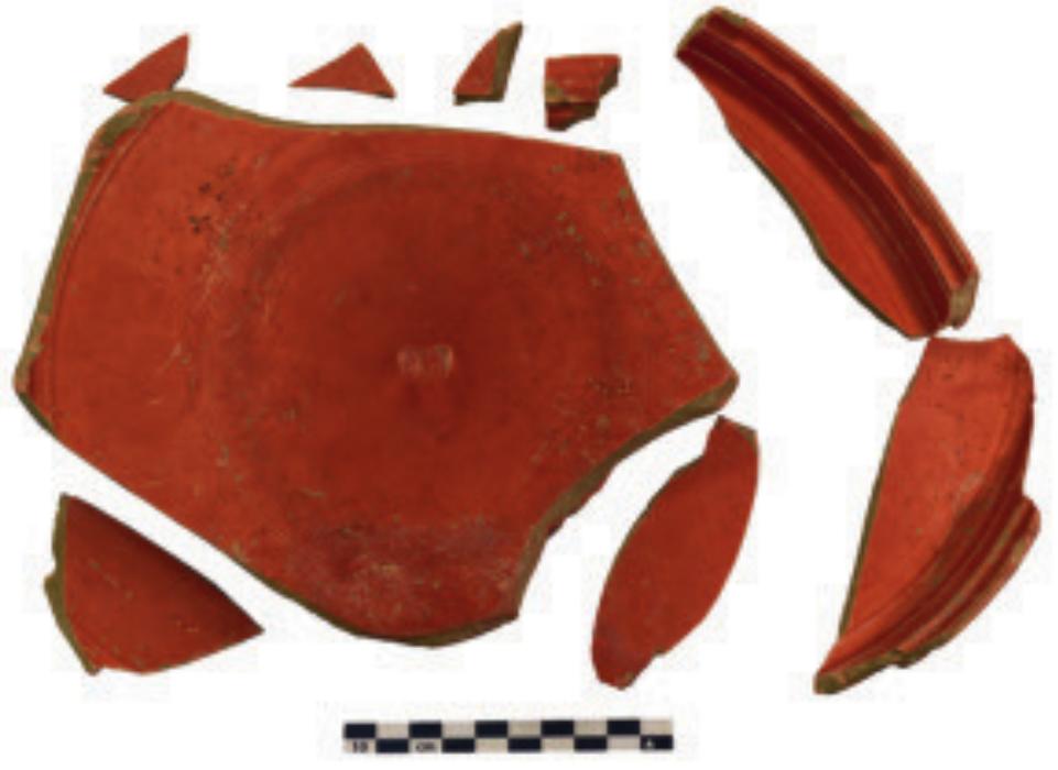 Fig. 8. The Terra Sigillata plate with fabricant stamp found at the southeastern end of Wall Section 6.  Fig. 8. The Terra Sigillata plate with fabricant stamp 