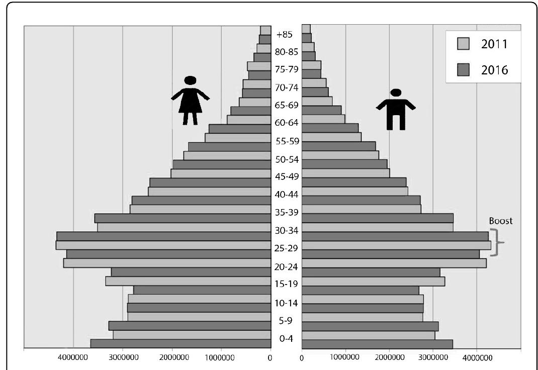 Iran Constrictive Pyramid Graph 1: comparison if iran’s population age pyramids: