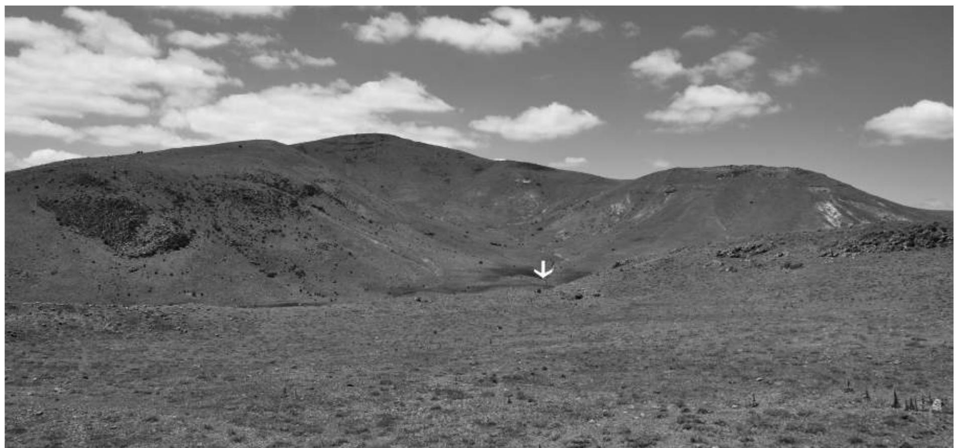 Fig. 4 : Kirklar Tepe, the peak of Karacada§g, from the top of the east rampart of Cevre Kale. The southwest kale rampart runs across the image with the gate below the arrow and the southwest bastion to the right. 