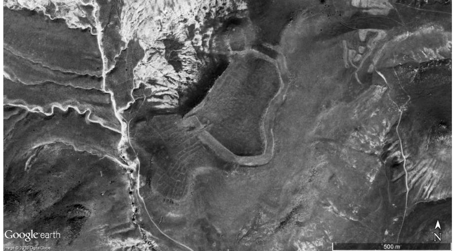 Fig. 8 : Using the historical imagery tool in Google earth permits selection from a variety of imagery taken under different conditions at different times. Cevre Kale, at centre, with citadel at top, and the [ron Age settlement to the southwest between the kale ramparts and the edge of  the bluff, stand out particularly well. 