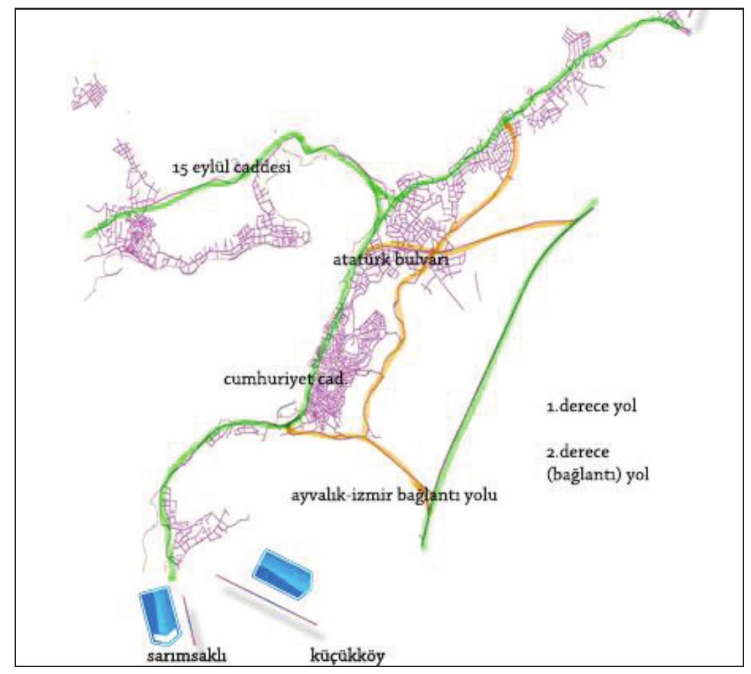 continuous in Mediterranean coastal towns. In this context, while the Mediterranean coastal towns have shown specific cultural bunching, the spatial considerations of social relations bear the traces of a continuous migration within themselves until today. Thus, despite intense commercial competition, and even after the wars, the preservation and use of the form, technique and the structures of the predecessor have been sustained in certain processes as an apriori. According to Braudel (2017), since the 18th century, the importance of historical maritime trade focuses has been passed on to the emerging industria owns, with the prominence of the relations of coastal towns with developing industrial zones, depending on the development of ‘“Puertos Secos” of roads and customs [4]. The master zoning plans were made after the 1944 earthquake in Ayvalik and the correlation of the land connection roads with other industria owns and especially the formation of the Ataturk boulevard, a boundary between the settlement area and coastal line of the town, have restricted the Coastal Town qualification of Ayvalik as described by Braudel (Figure 1).  