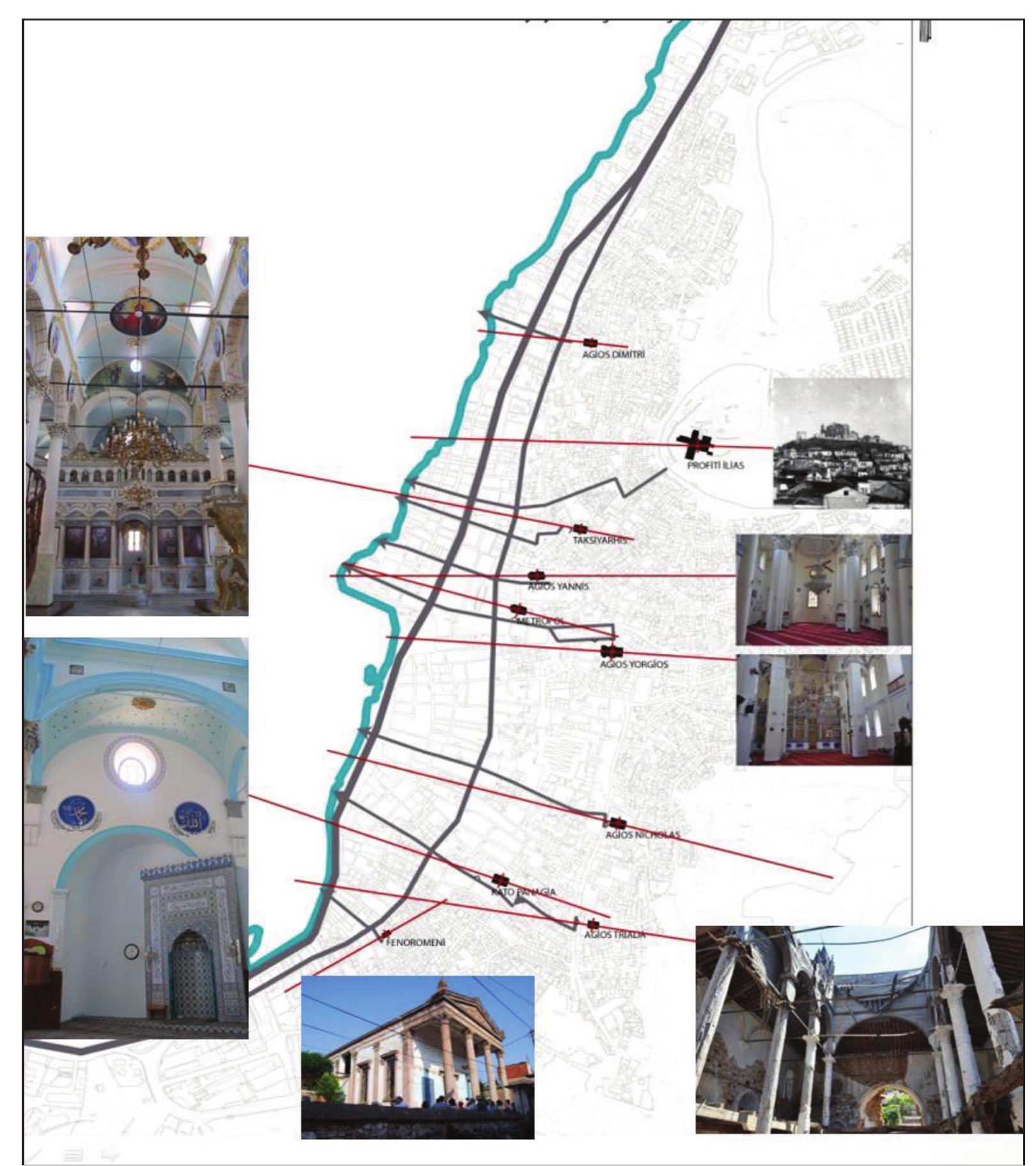 Within this context, the structural dominance separated from the traditional house structure formed by the churches has caused them to form an assembly area due to the hilly topography. These churches, as benchmarks with the important axes that go down to the coast, have turned into centripetal objects that reveal themselves on the sloping land.  Figure 9. Upside axes of Ayvalik Churches produced under the study 