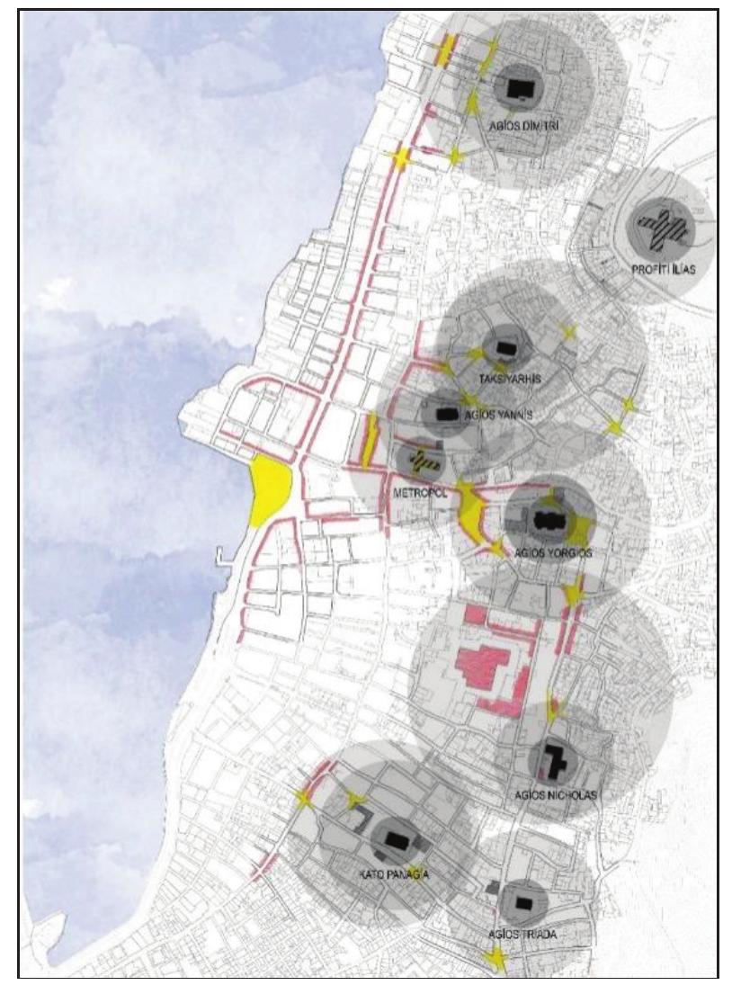 In line with these analyses carried out around the churches, it was observed that the spreading, access areas and gathering areas formed around them were generally at intersection points and these medium focuses were supported by trade function.  The gathering spaces around the religious buildings continue to be the areas that the locals of Ayvalik still carry out their daily routines that allow new encounters and relations. These focal points, which bring the locals and visitors together, also caused commercial relations to shift towards this point from the coast. It was observed that each focus had a different spatial characteristic when the present usage patterns of the intersection points are examined over the assembly areas and commercial relations determined under the focus of churches (Figure 11). 