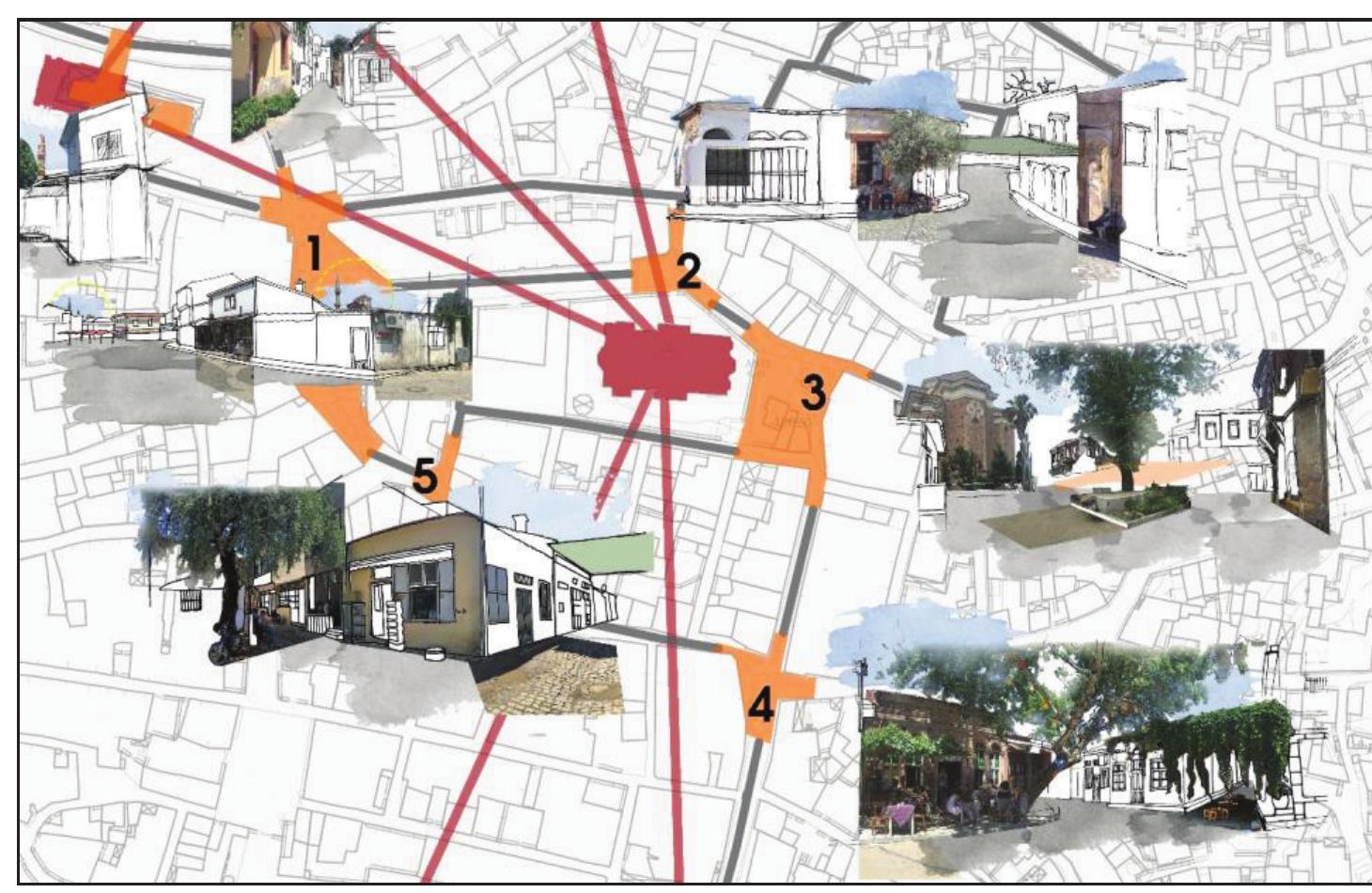 In order to illustrate the detailed examination of these intersection areas determined under the focus of churches, the assembly areas located around the AgiosYorgios Church, named as Cinarli Mosque today, have been numbered in Figure 12.  Figure 12. A Detail from Focal Points Centered Assembly Areas-Links and Identity Elements Produced within the scope of the study. 