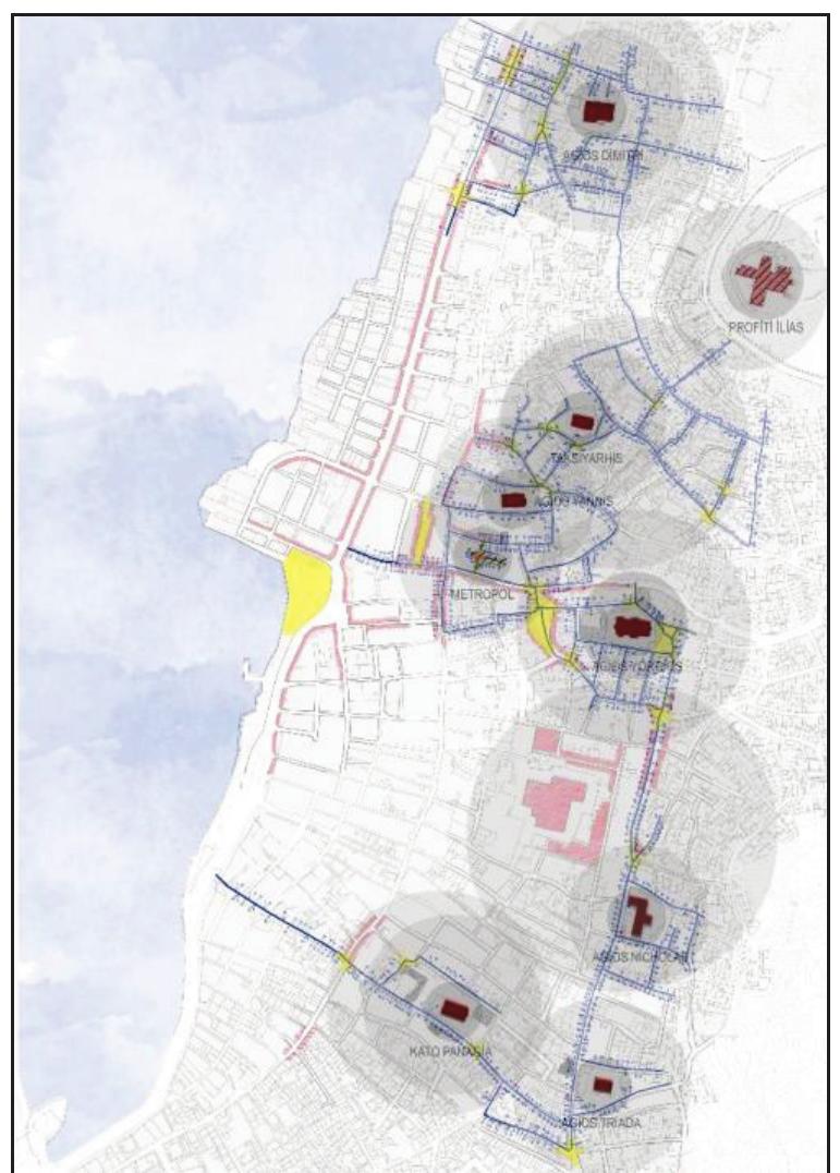 While the entrance door and the garden door are the interfaces that open to the daily flows of the private area of the town-dwellers, the store door is the door where people dealing with olive cultivation mostly kept their jugs in the past. In this case, we can assert that while entrance and garden doors were defining the social thresholds, boundaries and passages, the store door allows the basic elements with which the town-dwellers provide their livelihood and which constitutes the economy of the town to be read through physical traces. Therefore, the visual theme constituted by the single buildings throughout the town provides social thresholds and information source about the historical process of the town (Figure 13).  Figure 13. Relations between doors and assembly points produced within the scope of the study. 