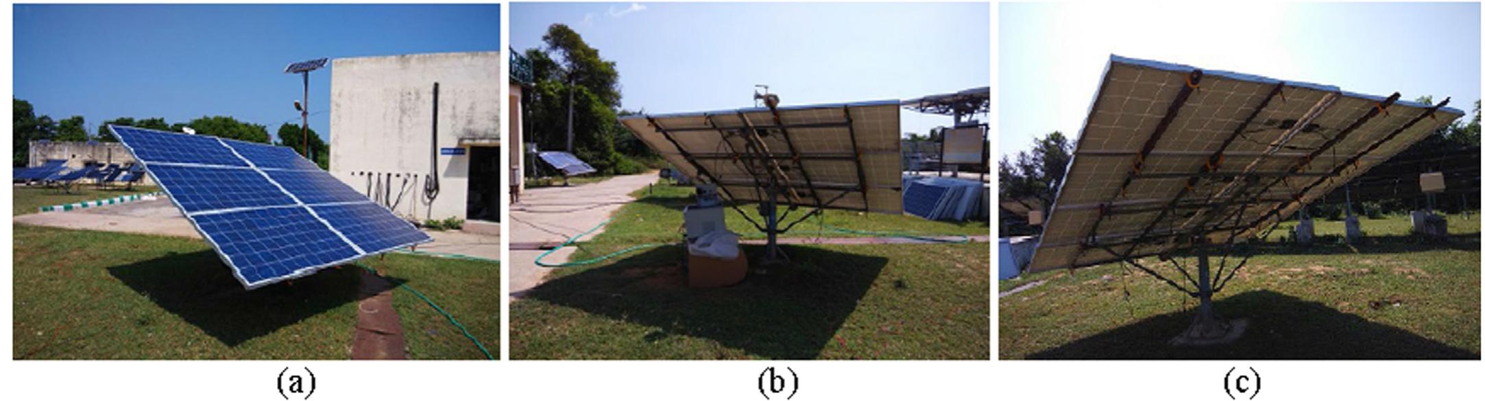 Fig. 36. Experimental setup with (a) Frontside of smart tracking system (b) Backside of smart tracking system (c) Backside of fixed photovoltaic panel system [56]. 