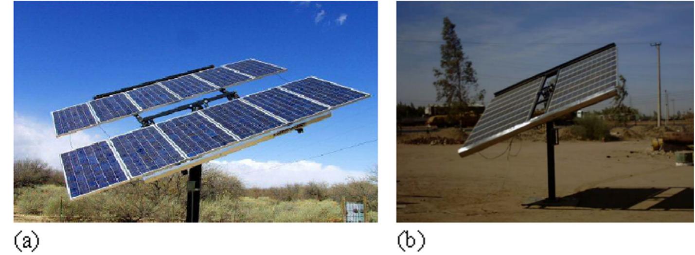 Fig. 43. (a) Universal Zomework model [14] (b) General view of the passive solar tracking system [111_  This system is one of active tracking system types. The bifacial solar cell senses and, then, drives the motors to the correct position of system, where the driver is a permanent magnet DC motor and the solar cells are fixed to a rotary axle of the tracker. Karimov et al. [130] presented a single axis tracking system using four solar modules on DC motor rotor, while another axis is manually by angles at 23°, 34° and 45°. The solar modules are mounted into two pairs where angle between them was 170°, then these modules are connected to a bridge circuit, and when output voltage from the modules is not the same, the applied voltage to 