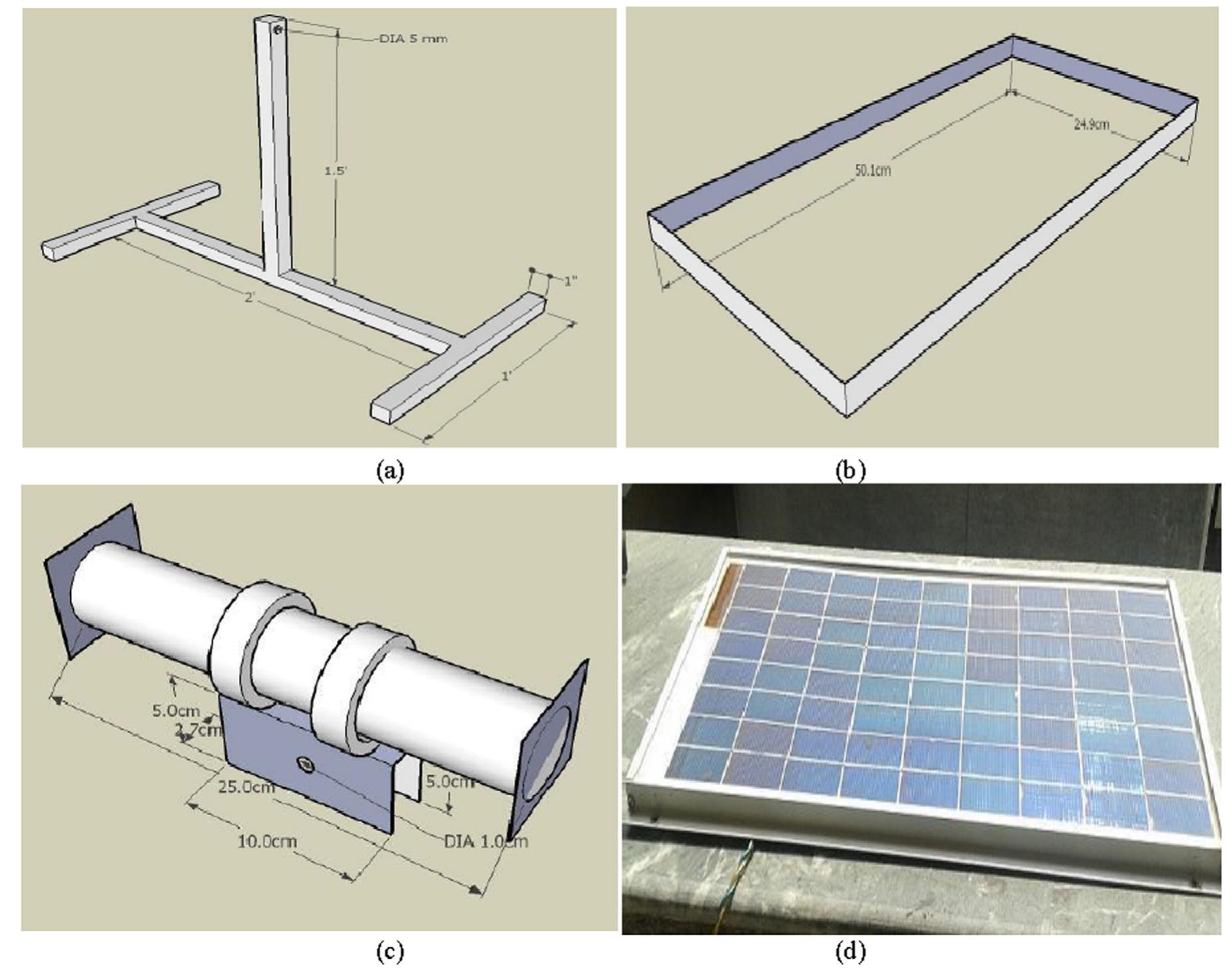 Fig. 45. Components of the solar tracker: (a) Base, (b) Frame, (c) Shafting and Bearings, (d) Solar Panel [14]. 