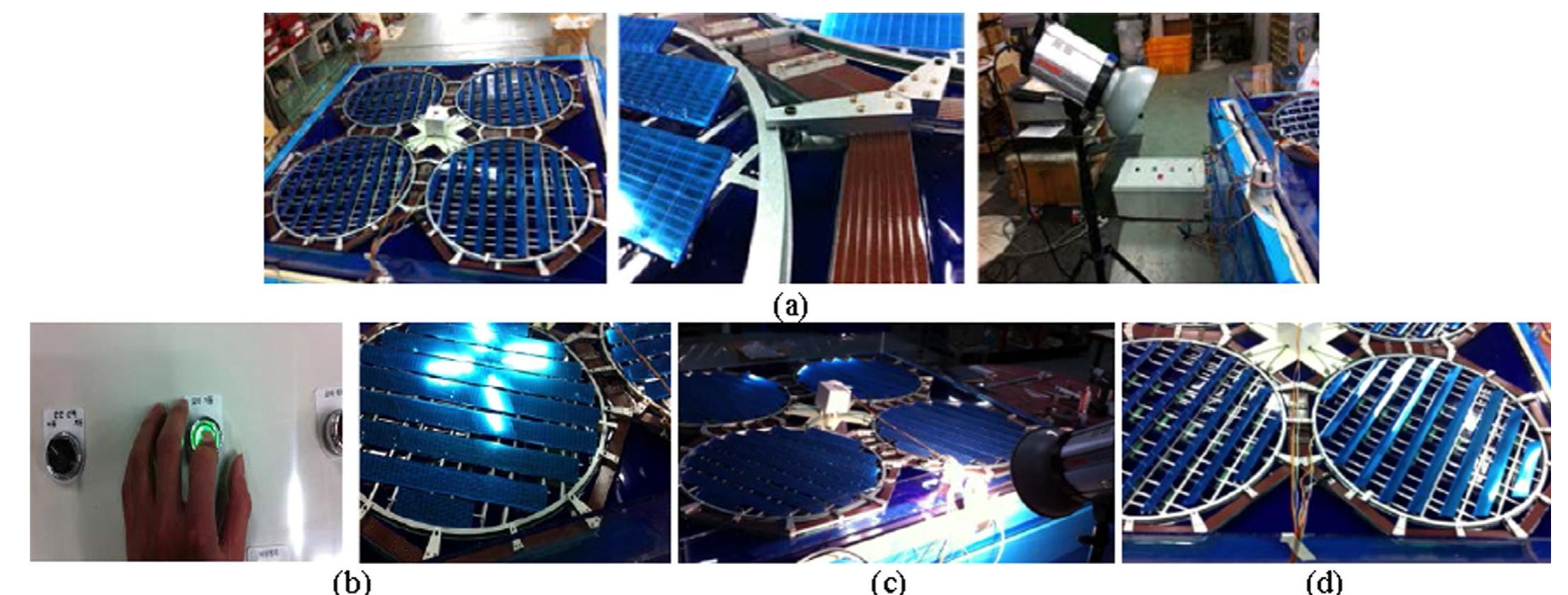 Fig. 54. (a) Test of Floating Photovoltaic Model (b) Forward and Reverse Rotation Control using the Control Panel (c) Solar tracking test to manual trackin: algorithm (d) Moving the East by the Limit-Sensor to active tracking algorithm [20]. 