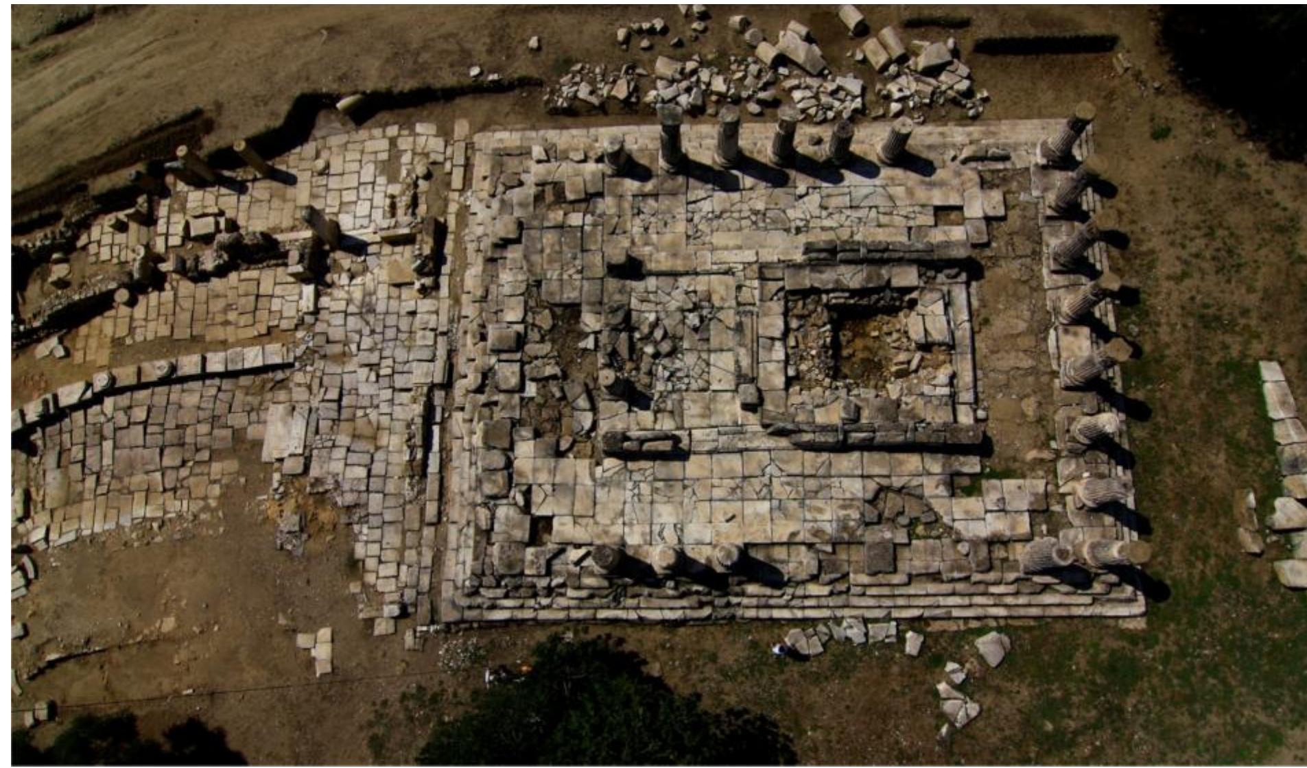 Figure 6: The temple of Hekate  degraded. In this area, it has been seen that there is a filling made of large stone blocks, rubble, culture soil, ash and similar material. It was investigated down to 1,74 m below from the naos floor and it was determined that small architectural block parts were used as filling material in this area. 